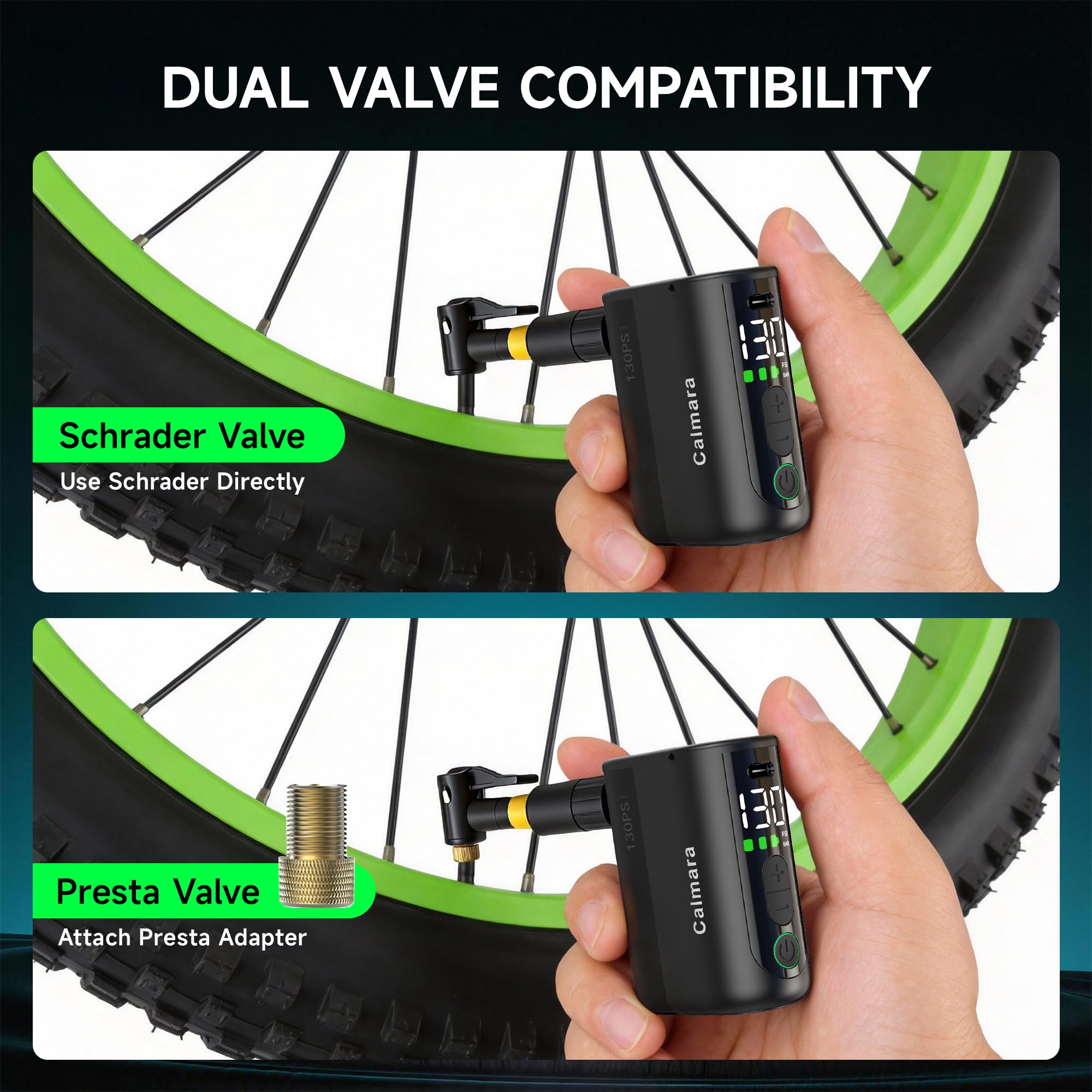 MY20 - Bomba eléctrica para bicicleta con manómetro, inflado rápido de 130 PSI, mini bomba de bicicleta con válvula Presta y Schrader, parada automática, bomba de aire recargable portátil para