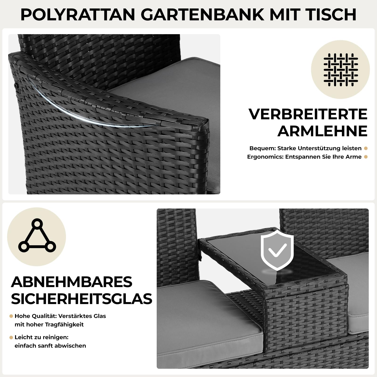 Clevich Polyrattan Gartenbank mit Tisch, Balkonmöbel 2er Set mit Weicher Sitzkissen, Gartenmöbel Set für Kleinen Balkon, Wetterfest, UV-beständig, Outdoor Sitzbank für Terrasse, Garten (Schwarz)