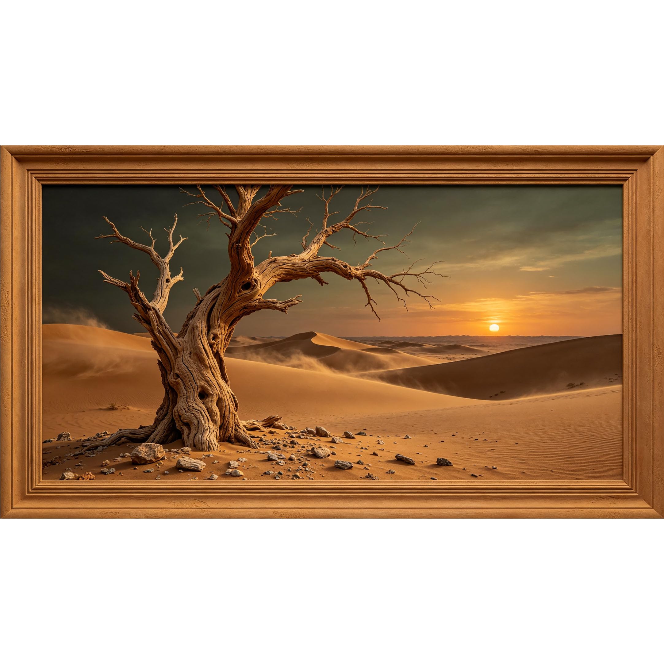 QZLITHOTIC 50×100cm 3D Framed Wall Art， Desert Landscape Sunset Dunes Dry Tree Self?Adhesive Mural， Water?Activated Peel & Stick Fabric Decor Wall Decal for Bedroom Living Room