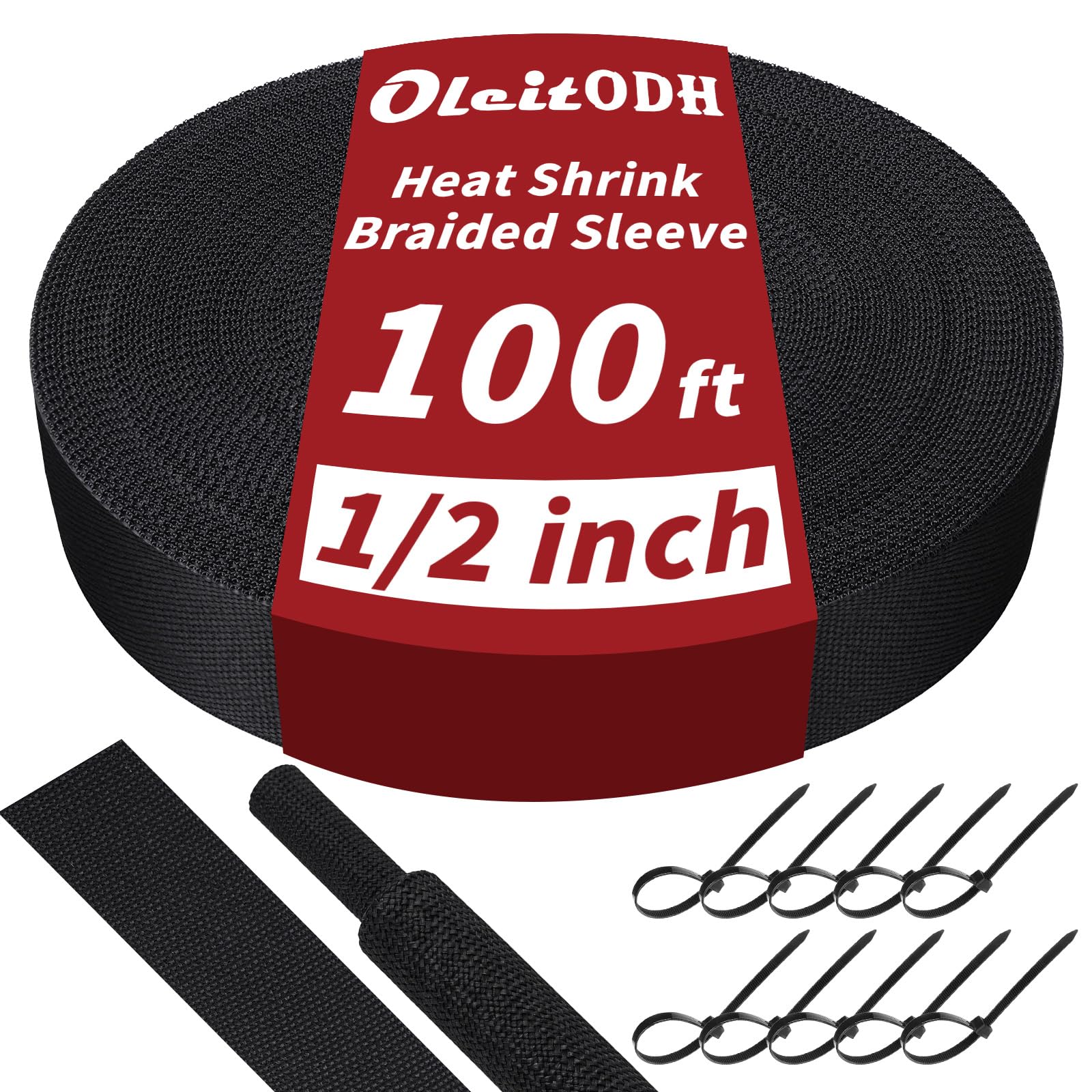 100 ft 1/2 in 2:1 Heat Shrink Braided Sleeving, Black