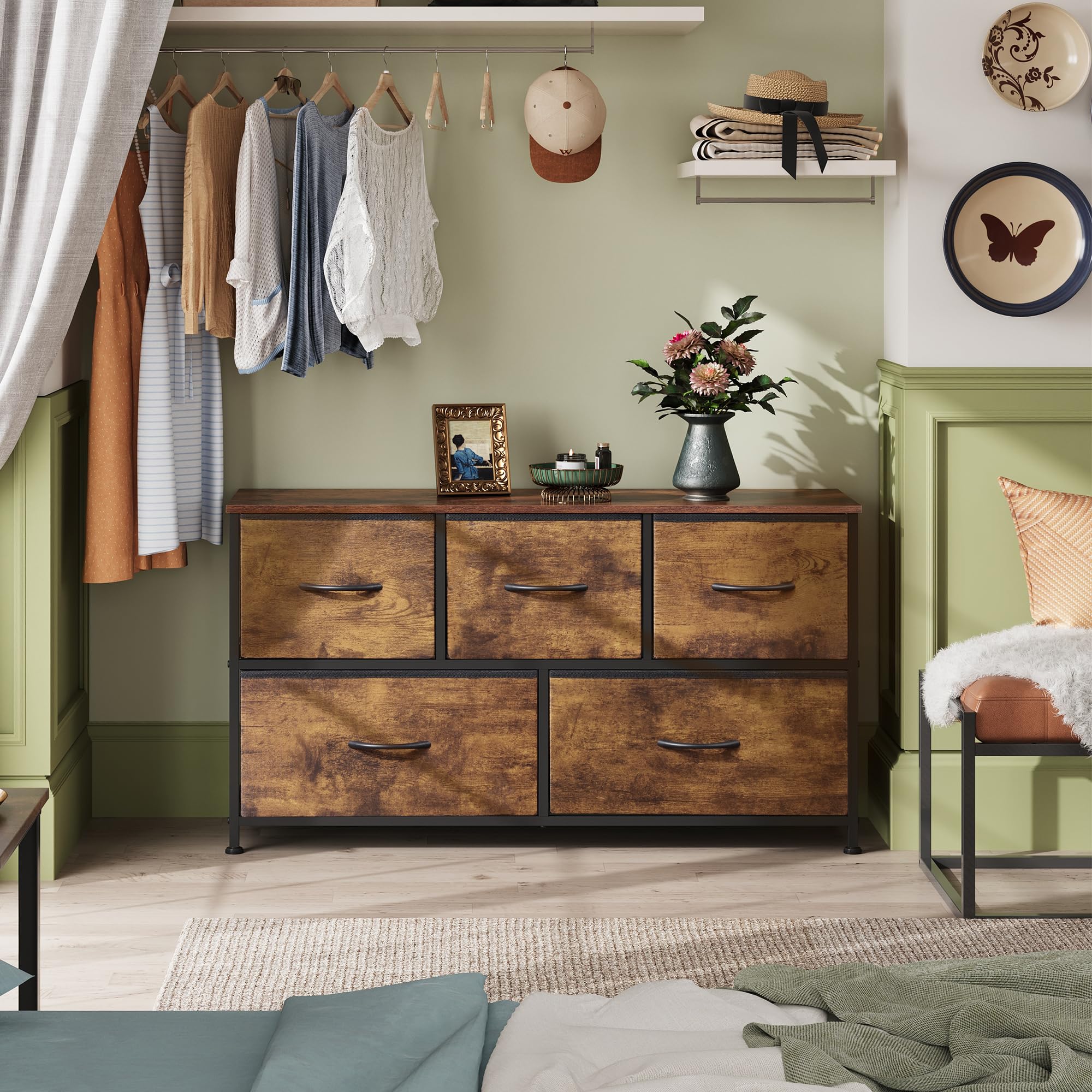 WLIVE Kommode mit 5 Schubladen aus Stoff, Kommodenschrank für Schlafzimmer, Kommode Wohnzimmer, mit Stabiler Stahlrahmen, Vintagebraun-Schwarz