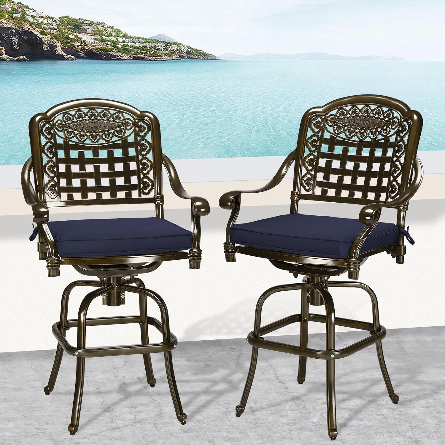 MEETWARM Outdoor Swivel Bar Stools Set of 2, All-Weather Cast Aluminum Bar Height Bistro Chairs with Footrest, High Back and Armrest, High Top Patio Bar Chairs with Cushion for Poolside Deck Backyard