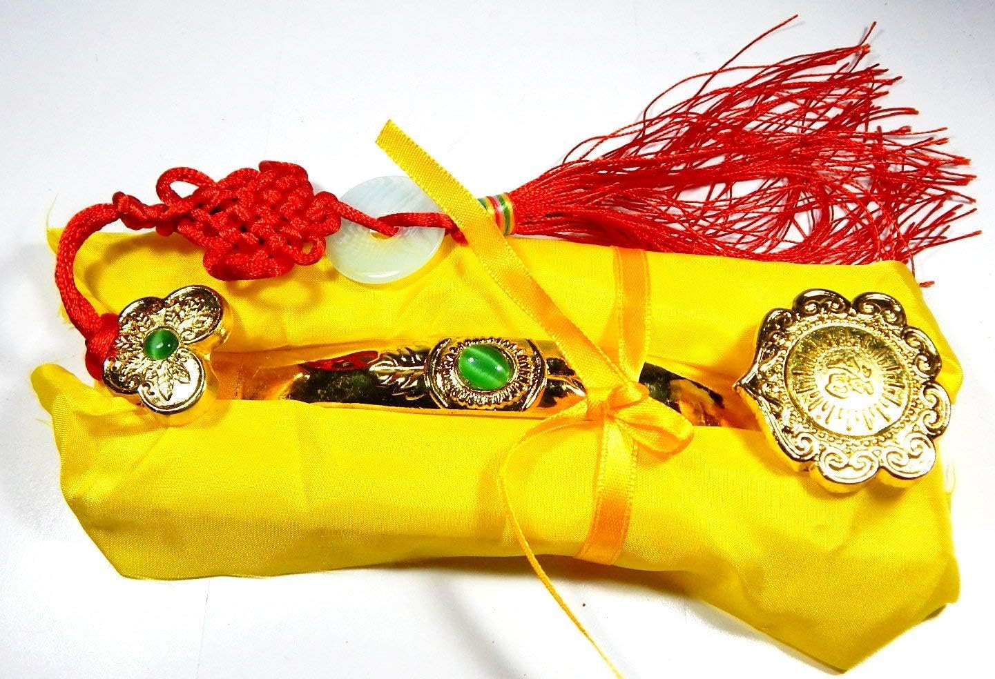 XUETZALCOATL Fengshui Golden Ruyi Scepter of Power Chinese RU Yi Golden Ruyi with Mystic Knot Jade Tassels for Home Office Ornament Vastu Fengshui