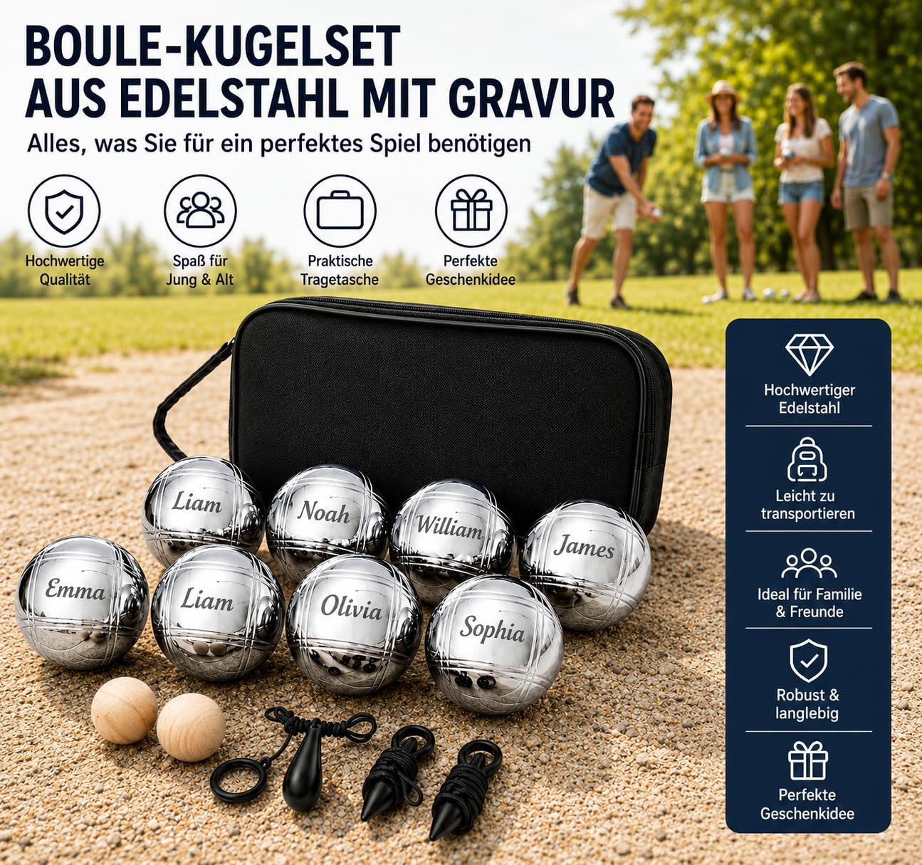 Boule Set mit Gravur/Ohne Gravur,Personalisierte Boule Set mit Tragetasche/Hartschalenkoffer, 6/8 Boccia Kugeln–Petanque Metallkugeln,Outdoor Gartenspiel für Erwachsene, Strand,Camping & Familie
