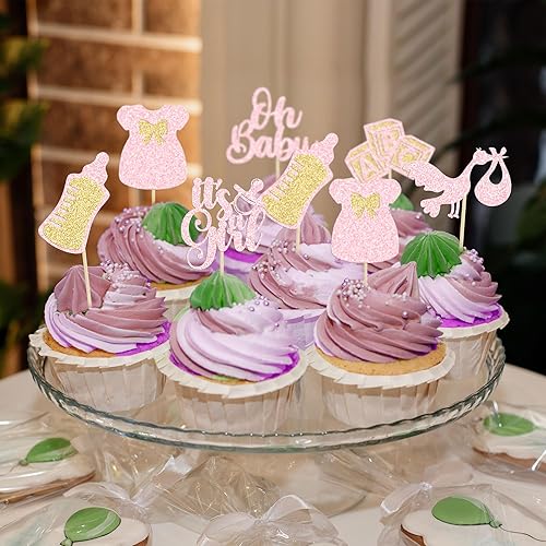 Miniatura 65 de Gyufise 24 adornos para cupcakes Oh Baby Glitter It's a Girl Cupcake Picks Bow Dress Baby Shower Baby Shower Cake Decor para revelación de género