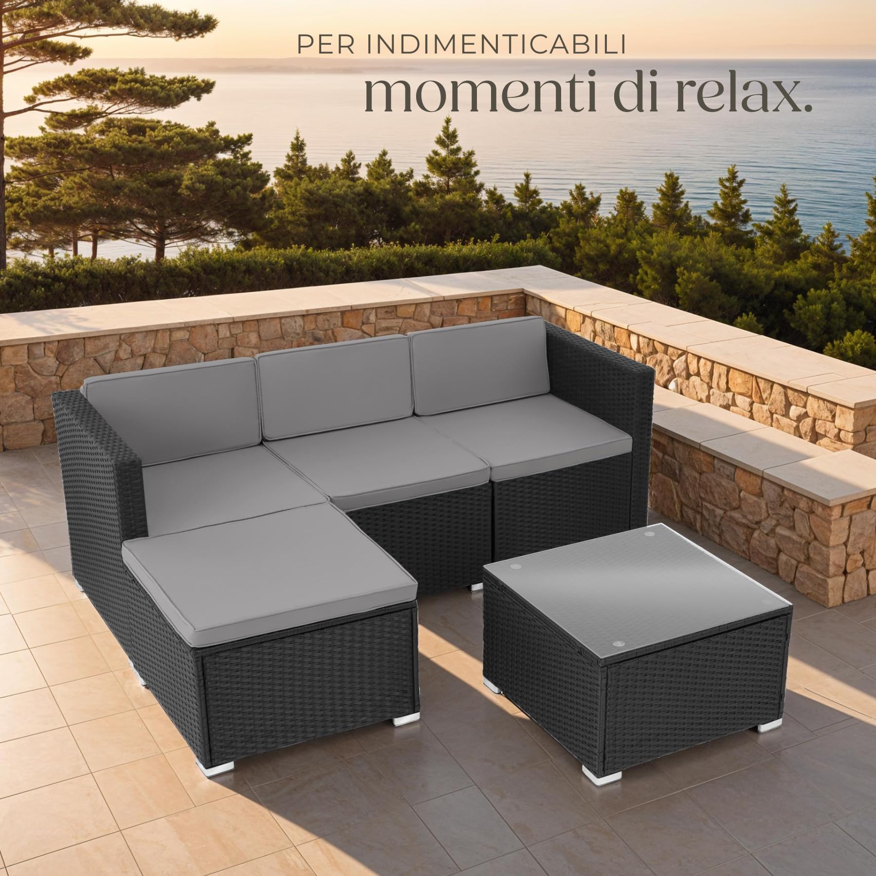 tectake Salottino in Rattan Set da Giardino con Poltrone e Tavolo Vetro di Sicurezza Imbottiture Idrorepellenti UV Nero per 3/4 Persone