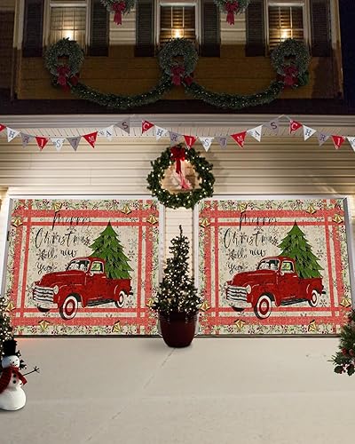 Miniatura 3 de Cartel decorativo para puerta de garaje con 6 anillos de metal, diseño vintage de árbol de Navidad, árbol de Navidad, copo de nieve, texturizado, 7