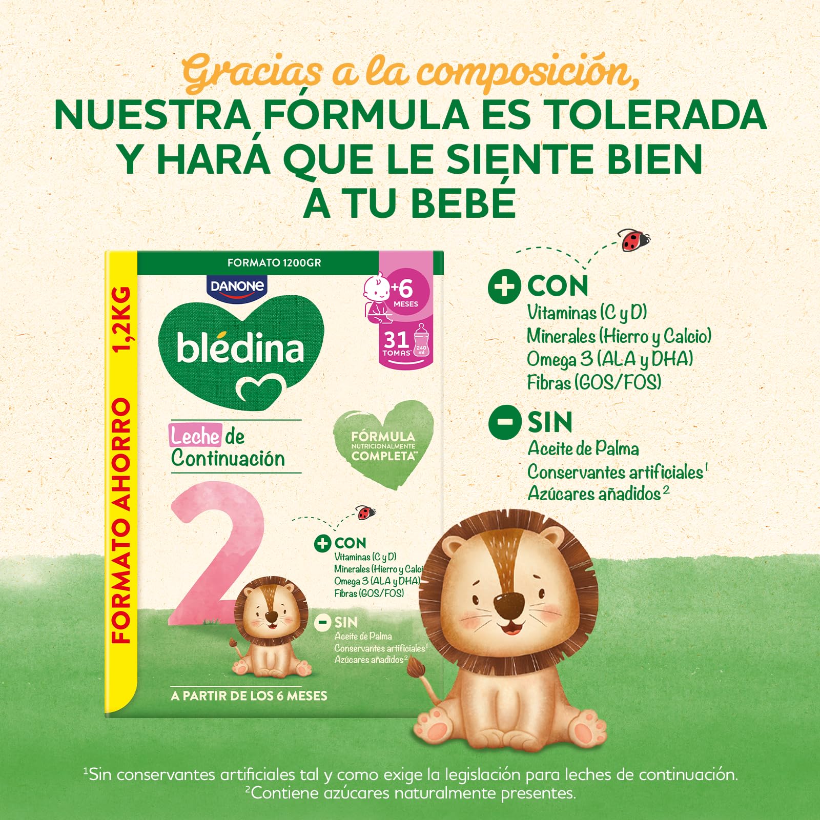 Blédina 2, Leche de Continuación para Bebé, Fórmula Completa con Vitaminas, Minerales, Omega 3 y Fibras. Sin Aceite de Palma, Sin Conservantes Ni Azúcares Añadidos. Desde los 6 Meses, Pack 3x1.2g