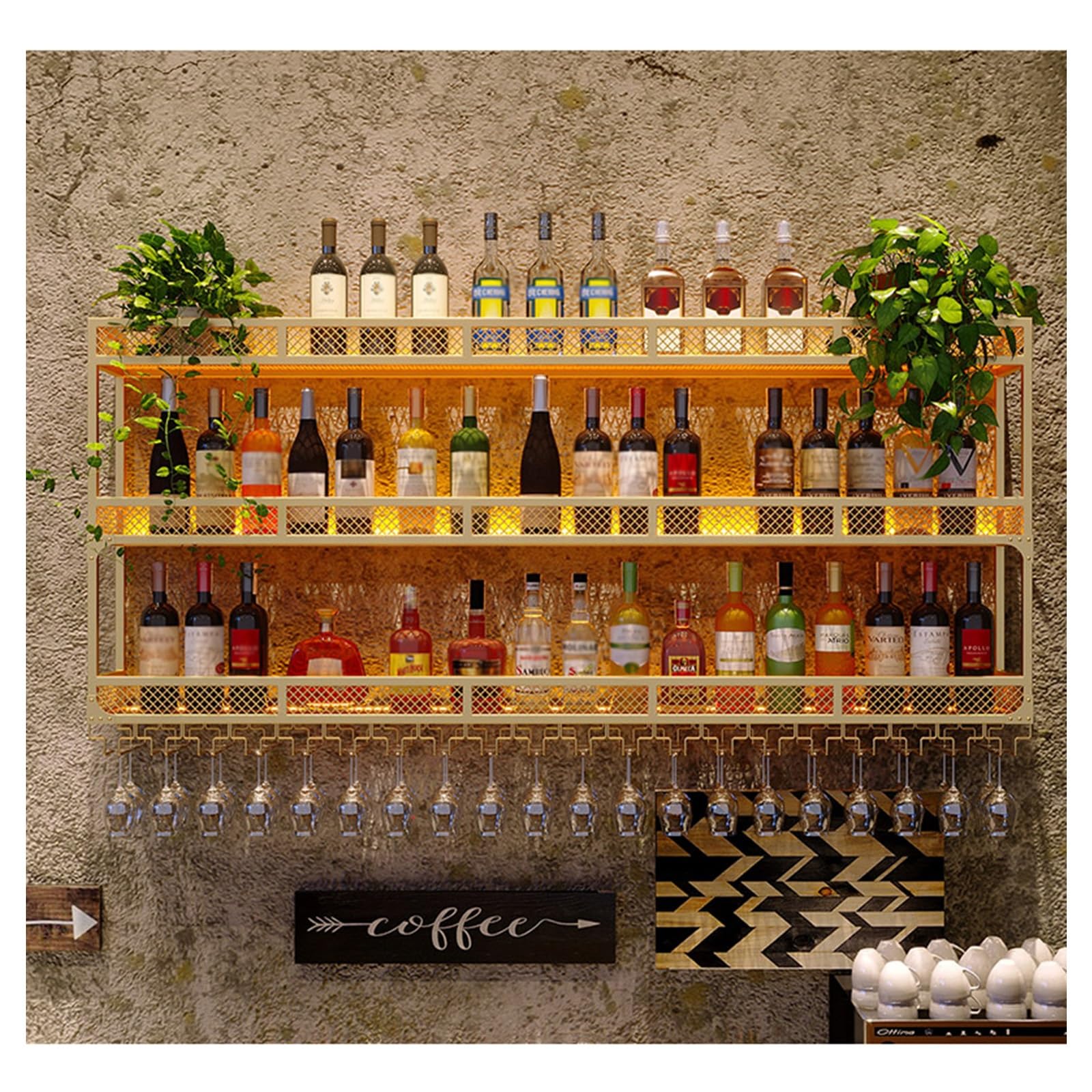 Étagère à vin murale moderne or ou argent avec LED intégrée