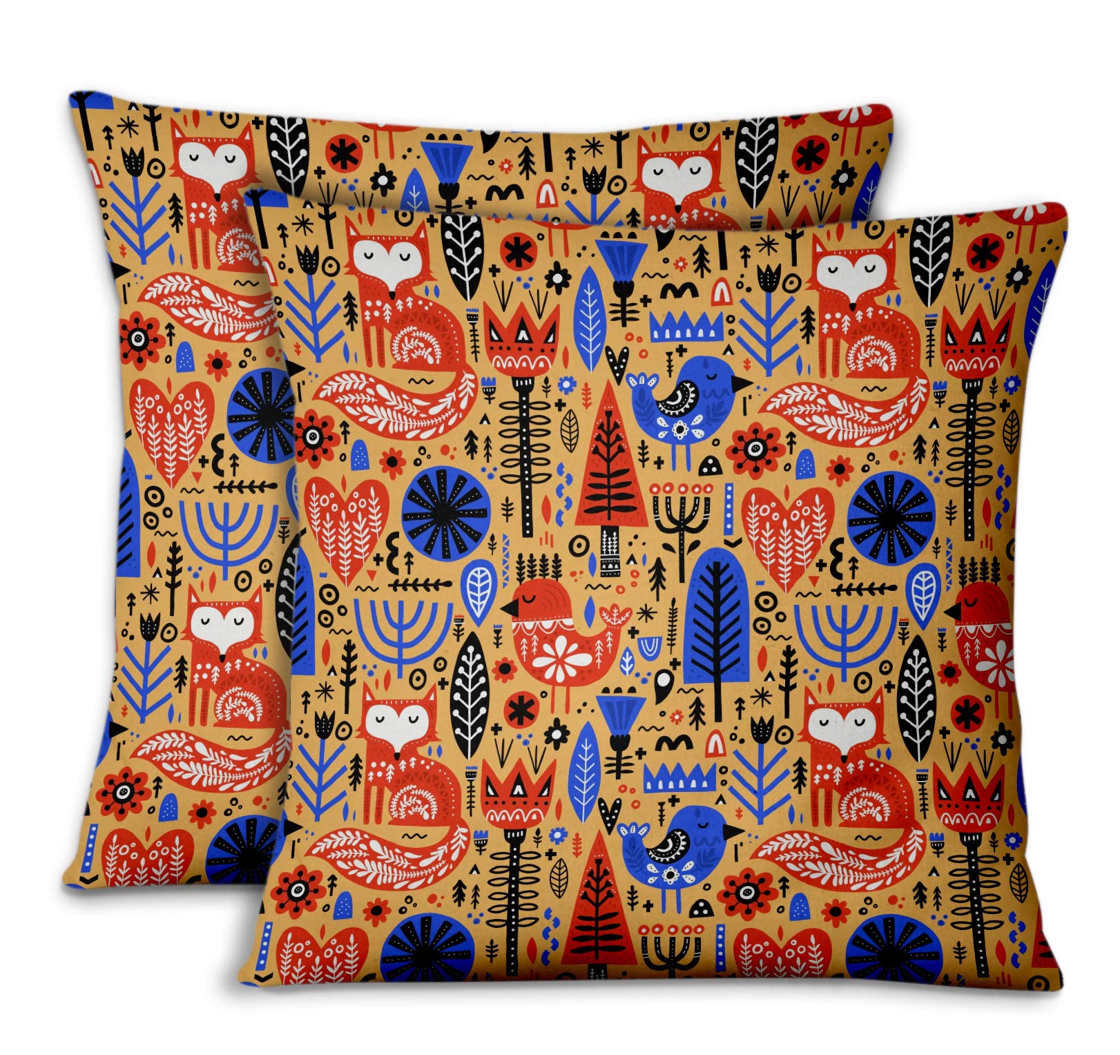 S4Sassy Orange Cotton Poplin Tree & Fox Sofa Cushion Case Home Decorative Square Pillow Cover Throw 2Pcs-20 x 20 Inches