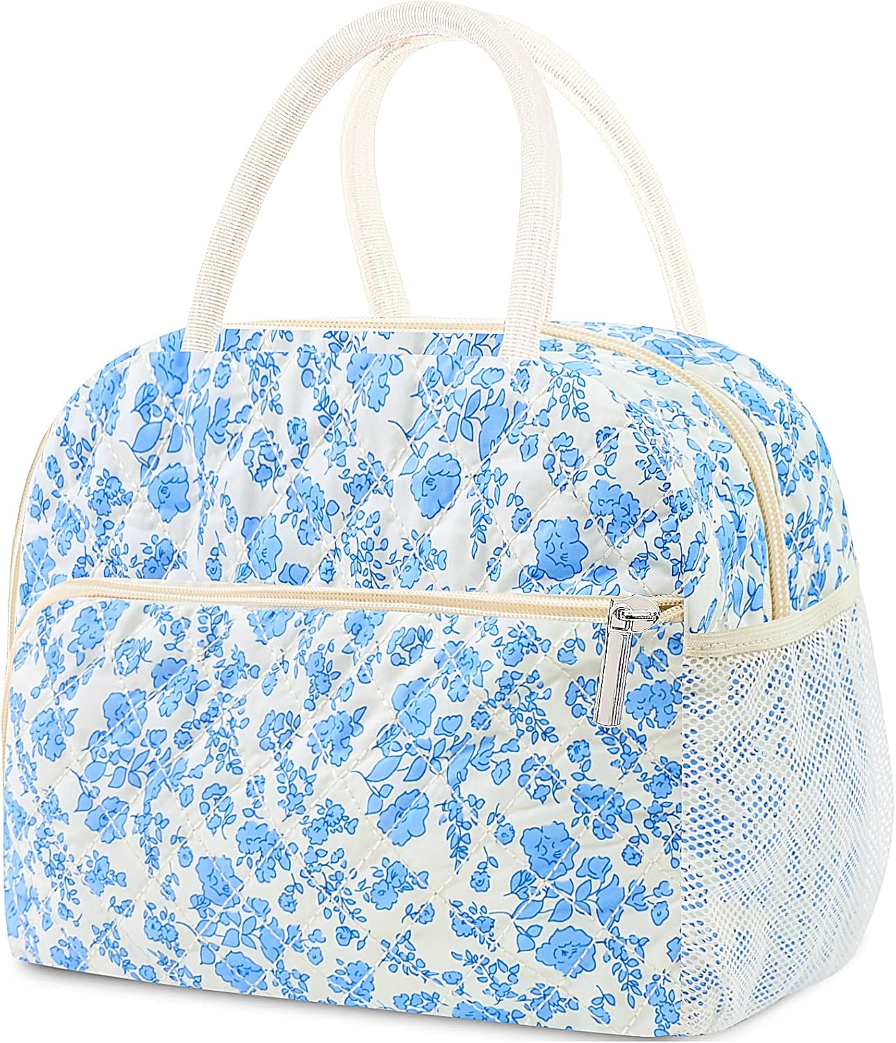 Cute Lunch Box for Women,Insulated Lunch Bag,Reusable Quilted Lunch Tote Bag,Aesthetic Cooler Bag for Adults Work Picnic Travel(Blue)