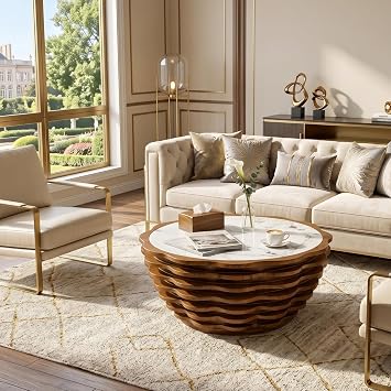 Modern 32.1-Inch Round Coffee Table, Sintered Stone Top, MDF Base
