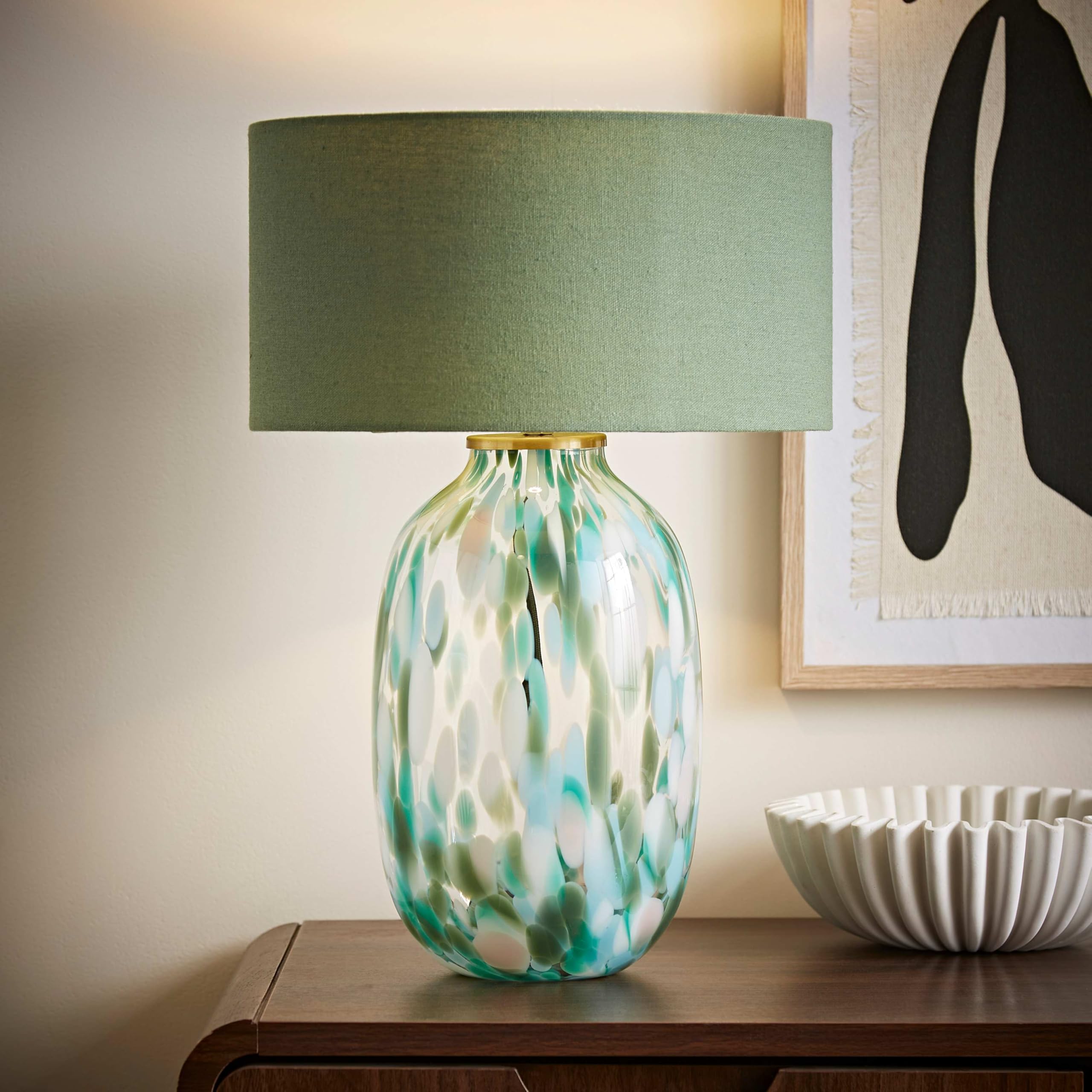Valuelights Unisex Green Belinda Confetti Glass Table Lamp W/ Fabric Drum Shade & Bulb In