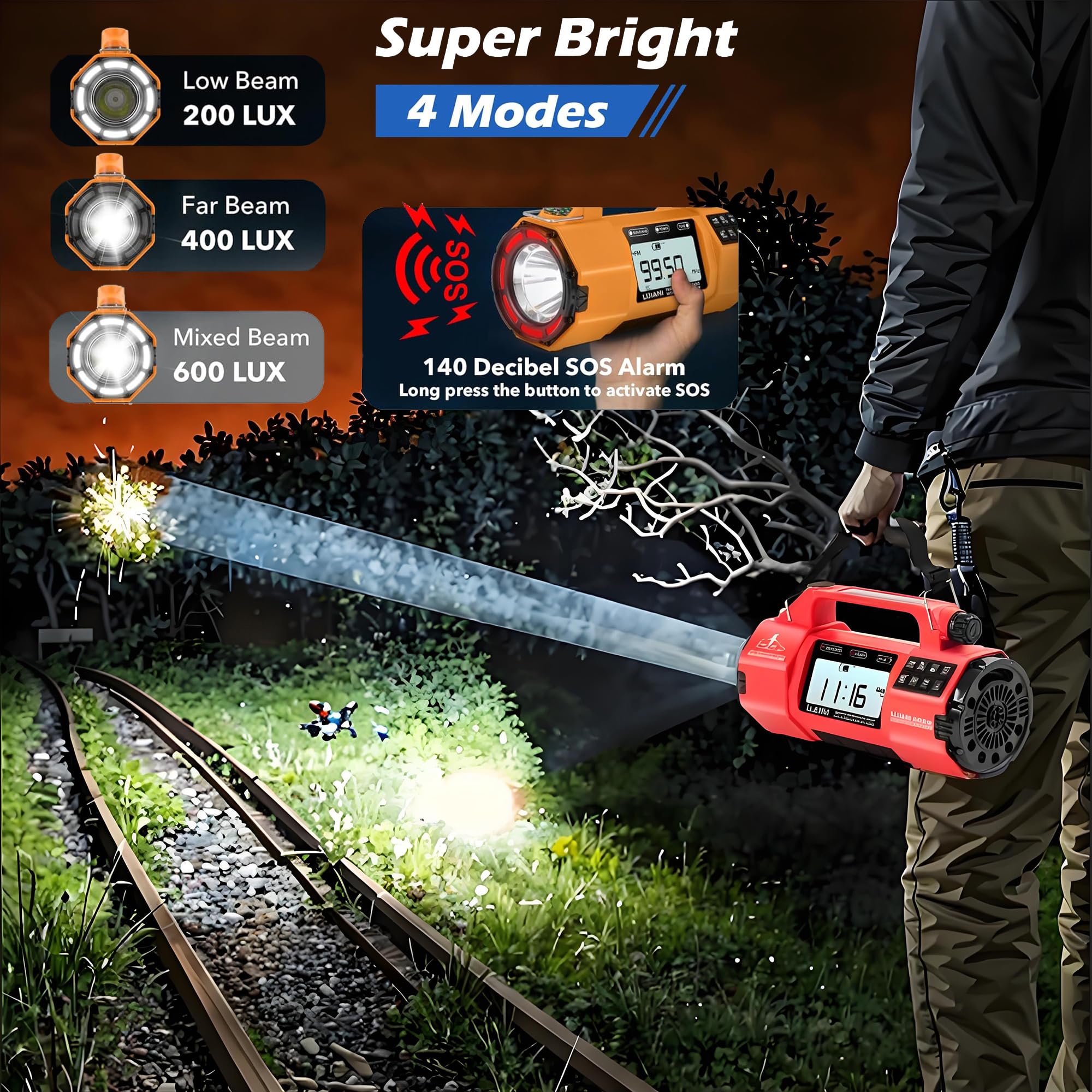 Radio meteorologica FM/AM/SW, grande torcia/altoparlante, tipo C, sveglia con timer di sonno, carica a manovella solare, batteria AA, kit di sopravvivenza per uragano caricabatterie per telefono