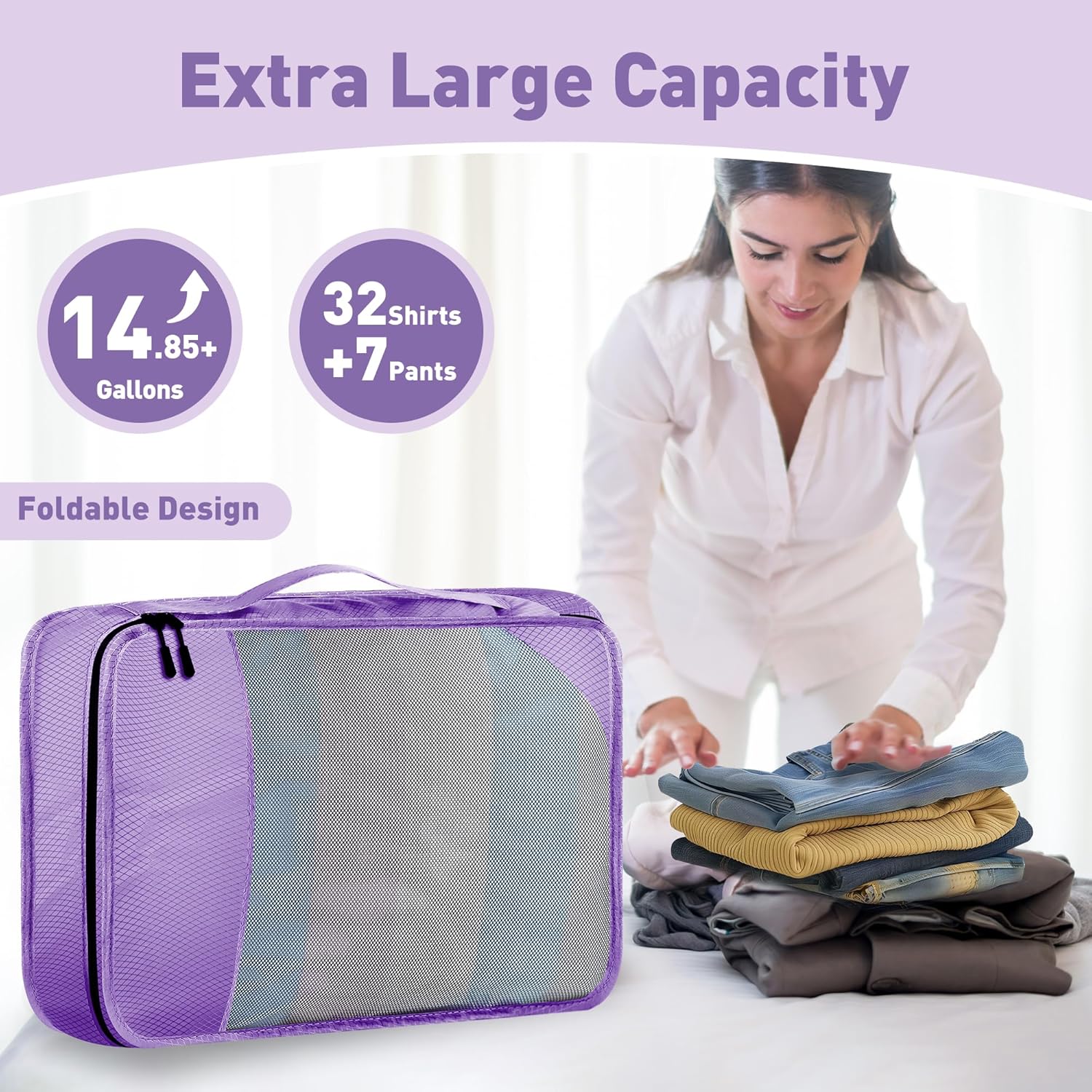 Toncoke 8-Piece Packing Cubes for Travel, Mesh Luggage Organizers with Shoe Bag, Toiletry Bag, Laundry Pouches, 4 Sizes (XL/L/M/S) for Suitcase Organization, Men Women Kids, Purple