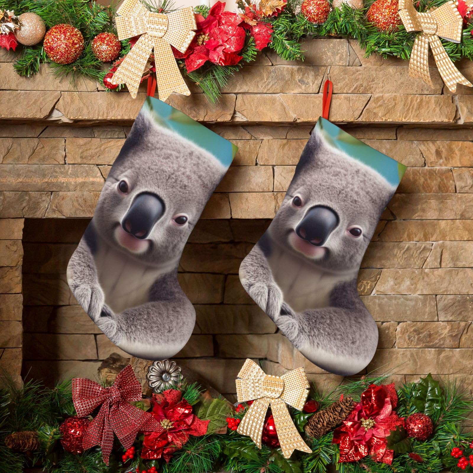 KLOPH Christmas Stockings 18" Personalized Xmas Stocking Cute Koala Decoration Stocking Hanging Fireplace Stocking for Holiday Xmas Tree Christmas Fireplace Decor