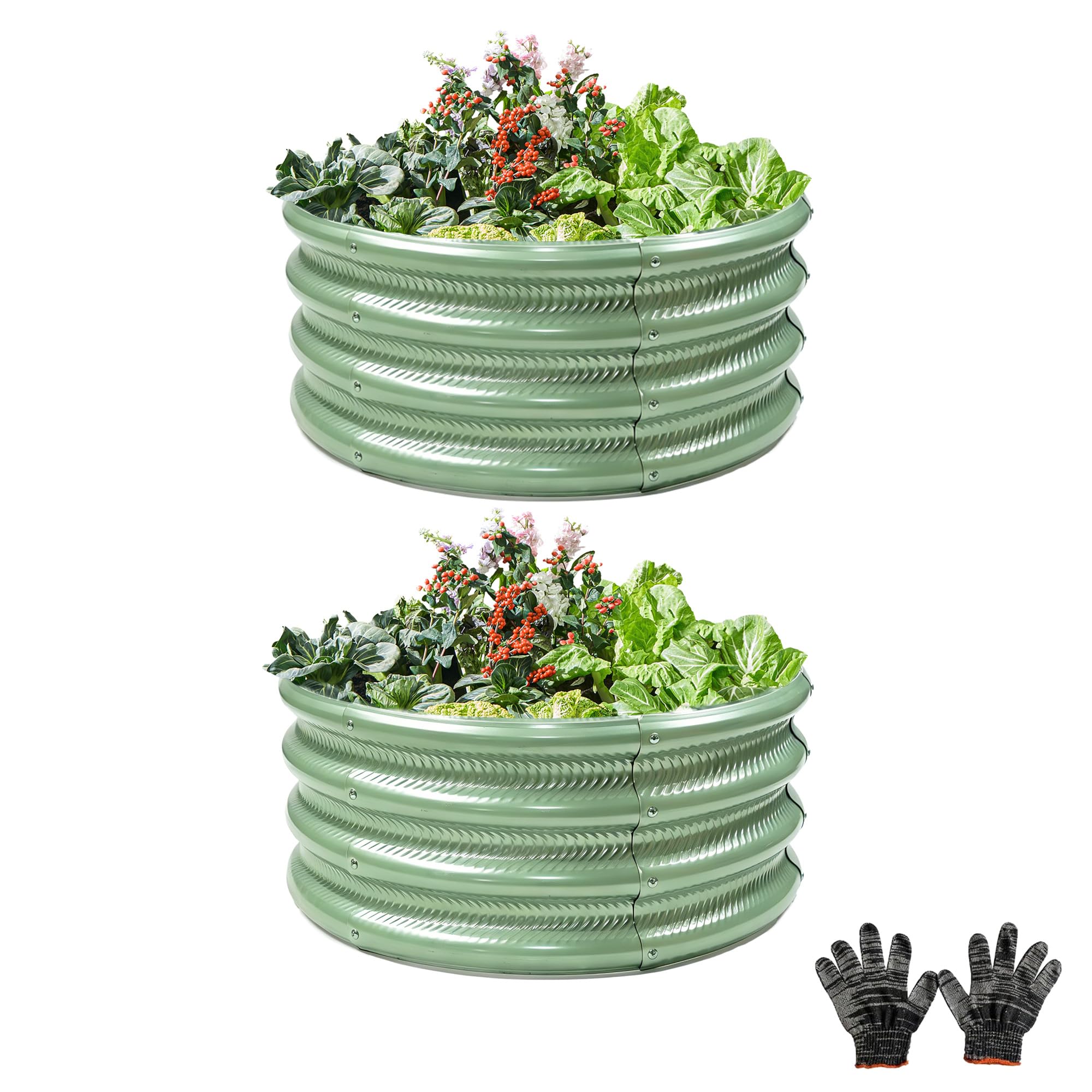 Gartist 2 pcs 2×2×1 ft Round Metal Raised Garden Bed, Light Green Galvanized Outdoor Planter Box for Vegetables, Fruits, Flowers &amp; Herbs
