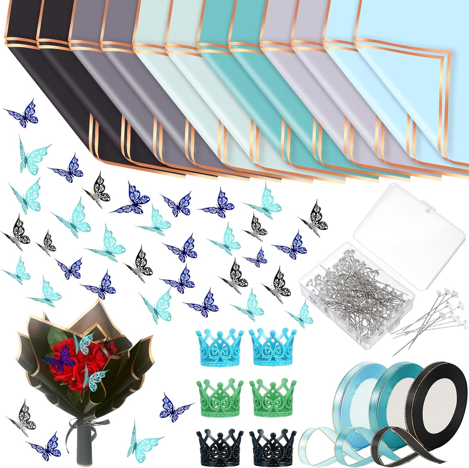 Qilery 243 piezas de papel de regalo para ramo de flores, impermeable, suministros de floristería con decoración de mariposas, coronas, cintas,