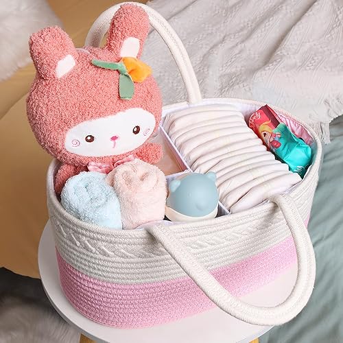 Miniatura 7 de ABenkle Organizador de pañales, cesta de bebé de cuerda de algodón rústico bohemio, organizador de cambiador para almacenamiento de pañales y baby