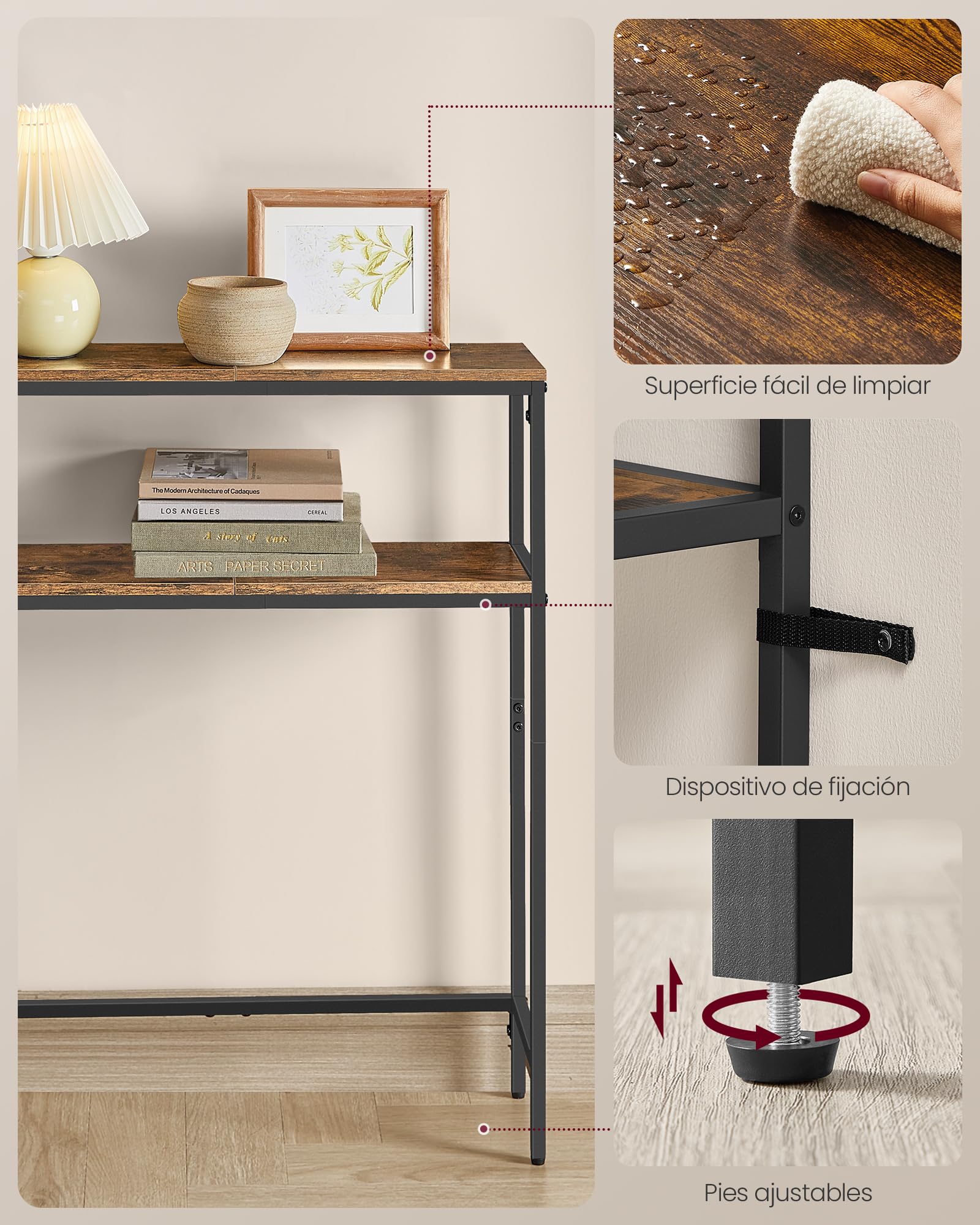 VASAGLE Mesa de Consola de 2 Niveles con Enchufe, Mesa Auxiliar con 2 Estantes, 20 x 100 x 80 cm, para Sala de Estar, Pasillo, Recibidor, Marrón Rústico y Negro Tinta LNT136KD01