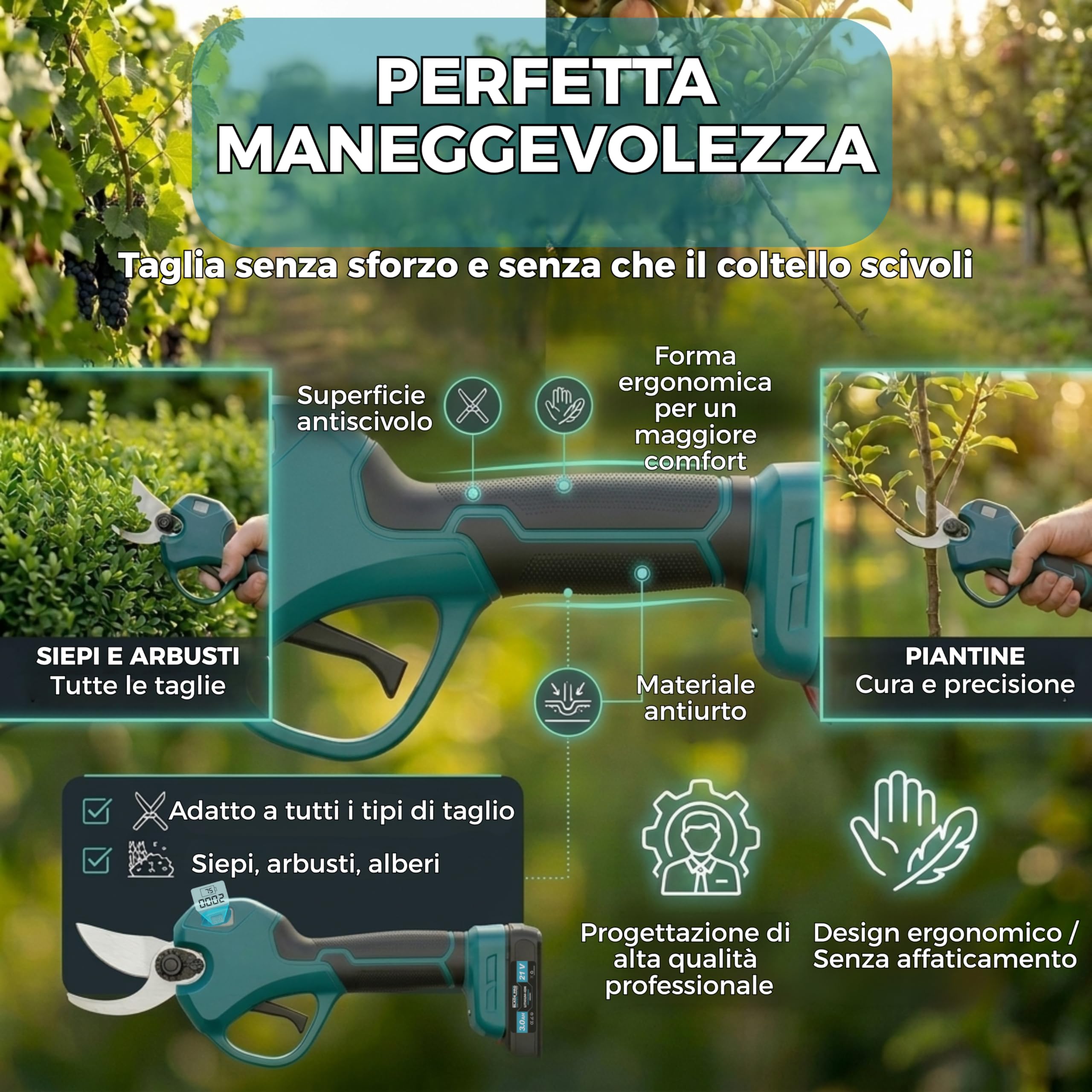 Forbici Potatura a Batteria 6000mAh Brushless fino a 40mm — Cesoie a Batteria Professionali — 2 Batterie 21V — Lama SK5 — Kit Completo 10 Pezzi BLADEPRO