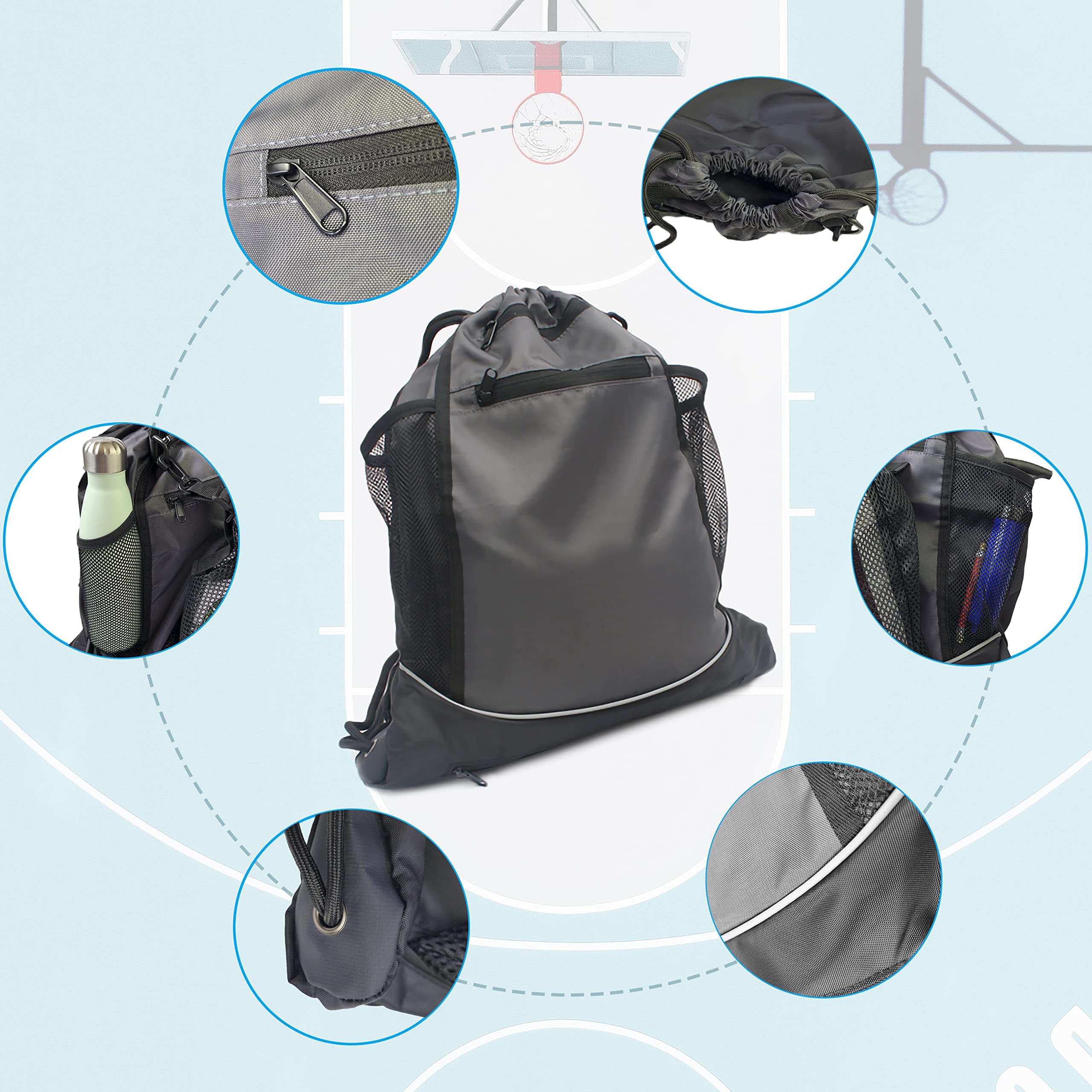 Mochila para Pelotas de Baloncesto, Cuerdas Deportiva, Incluye Inflador Portátil Negro