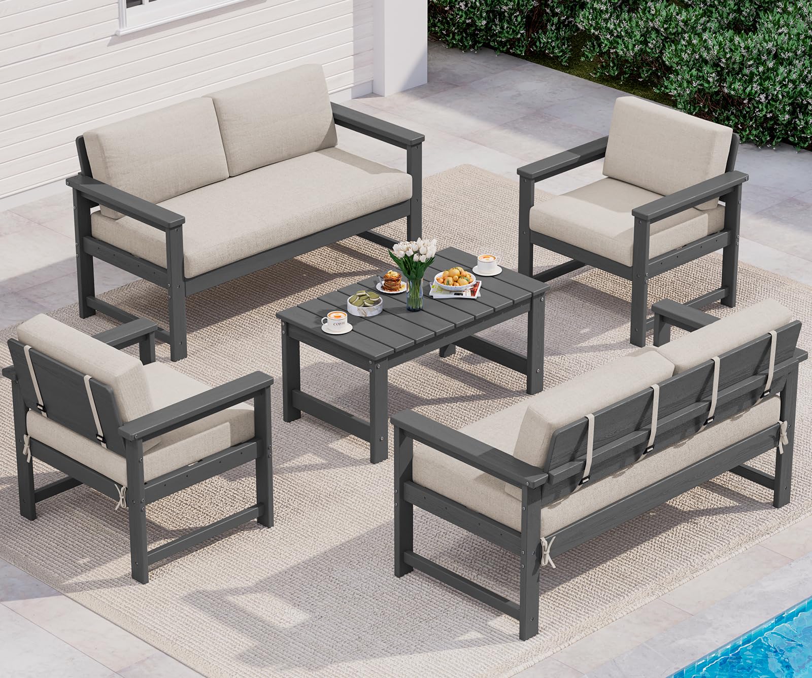 SERWALL 5 Pieces HDPE Outdoor Conversation Sofa Set with Cushion