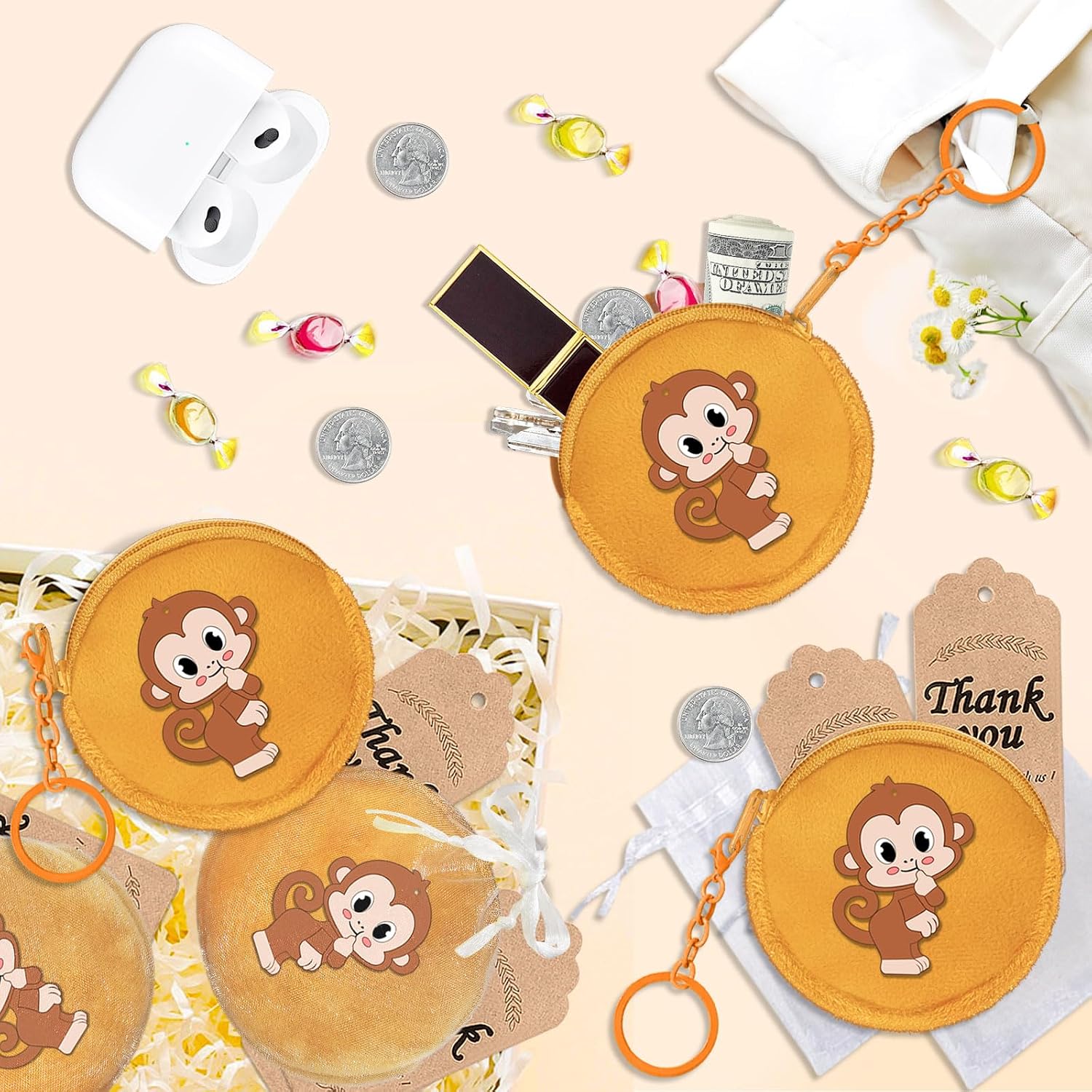 15 Pack Monkey Coin Purse with Zipper Keychain,Wallet Bag Party Favors for Monkey Birthday Party Decoration,Animal Themed Baby Shower,School Carnival Rewards,Travel,Classroom Prize