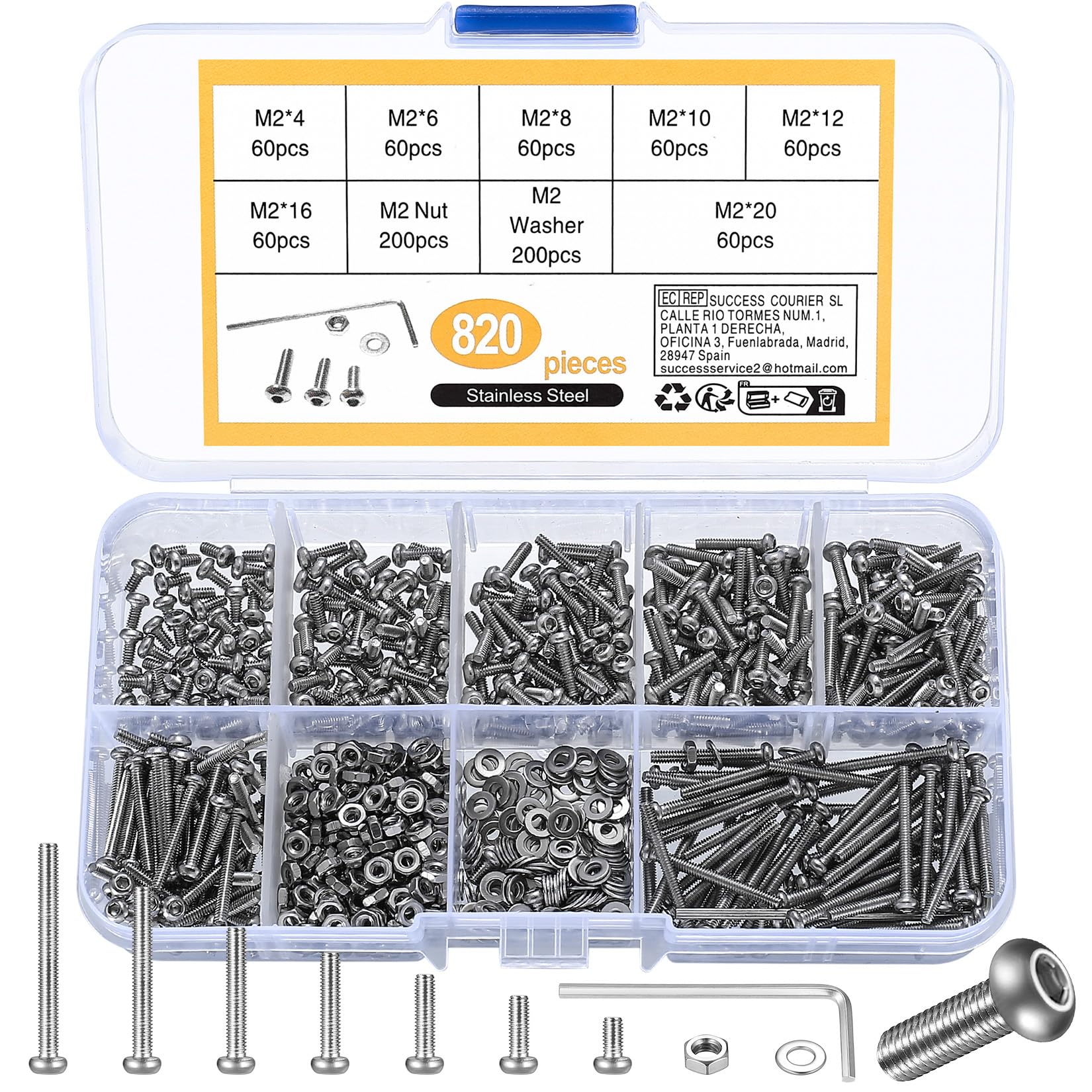 820 piezas de tornillos M2 avellanados hexagonales, Acero inoxidable, tornillos de máquina de rosca completa, tuercas y arandelas surtidas con llaves Allen