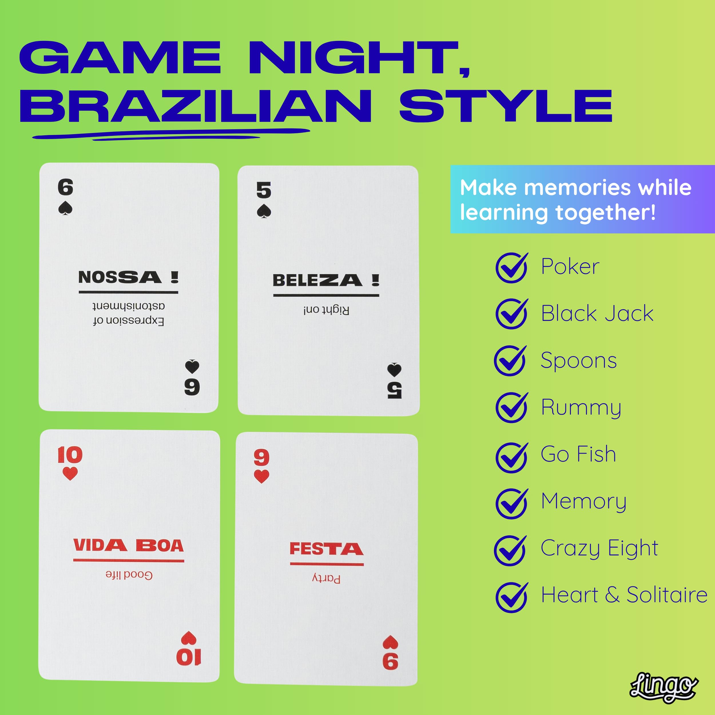 Brazilian Portuguese Lingo Playing Cards | Travel Flashcards | Learn Brazilian Vocabulary in A Fun & Easy Way | 52 Essential Translations