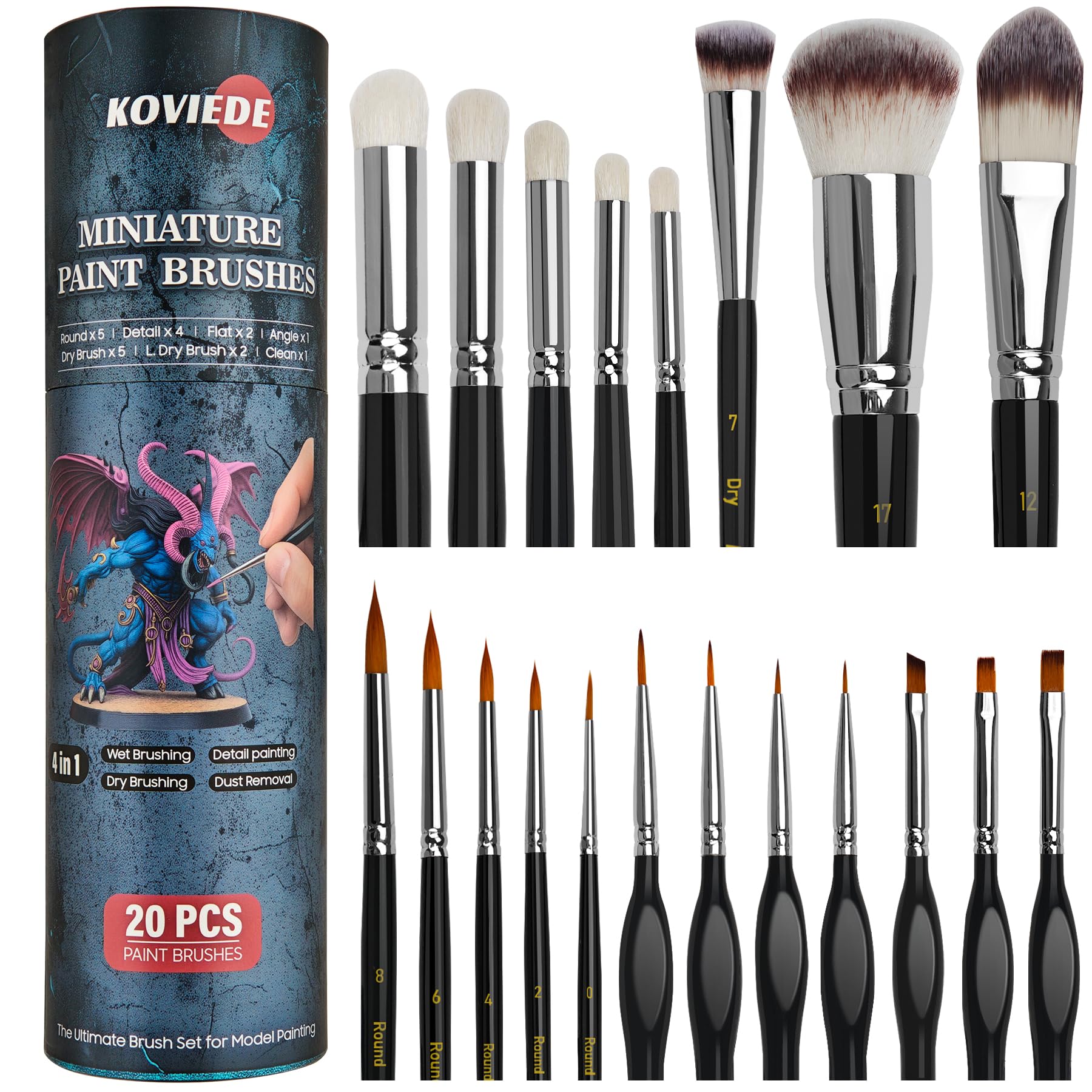 Pinceles de pintura en miniatura, juego de 20 pinceles de pintura con contenedor para pincel seco, acrílico, pintura de detalles finos, pintura en miniatura y pintura por números