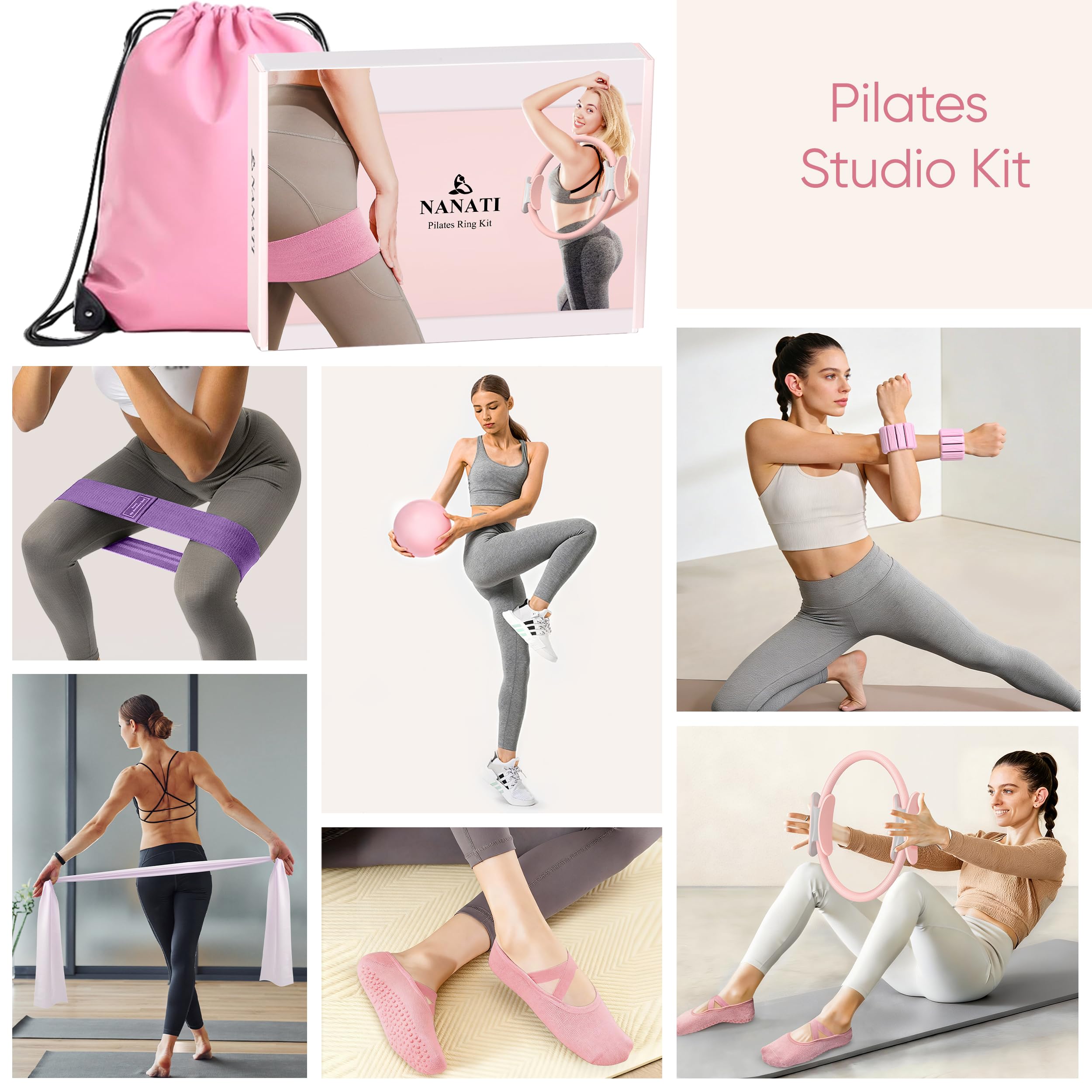 NANATI Kit de pilates 18 pièces, kit essentiel de pilates pour femmes à domicile, équipement de pilates avec anneau et balle de pilates de 36,8 cm, 7 bandes de résistance, poids de cheville, curseurs