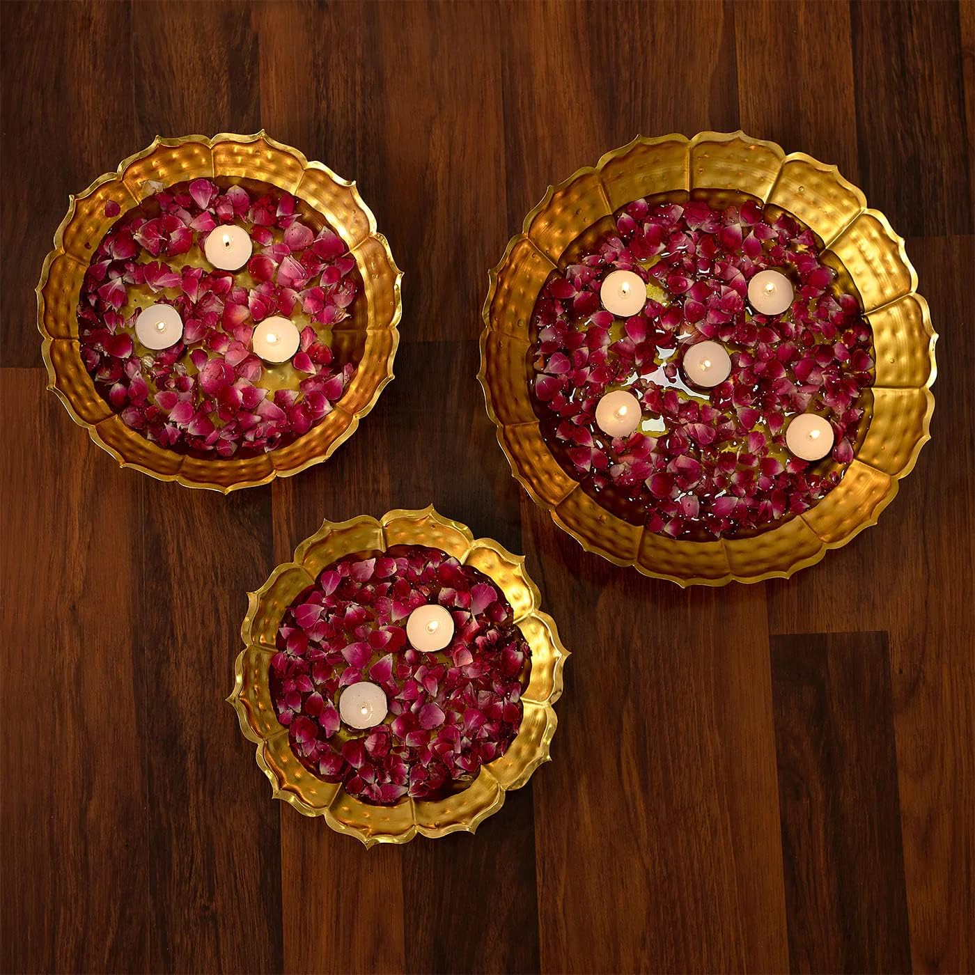 DecorTwist® Metal Lotus Design Decorative Urli Bowl for Home Handcrated Bowl for Floating Flowers and Tea Light Candles Home Office and Table Decor Diwali Decorative Gifts Item (Set of 3)