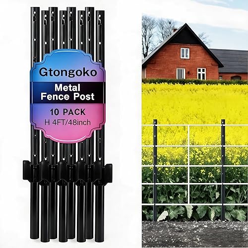 Gtongoko Poste de valla de metal resistente de 4 pies, paquete de 10, postes en U para cercado verde en T postes para jardín y alambre al aire Negro