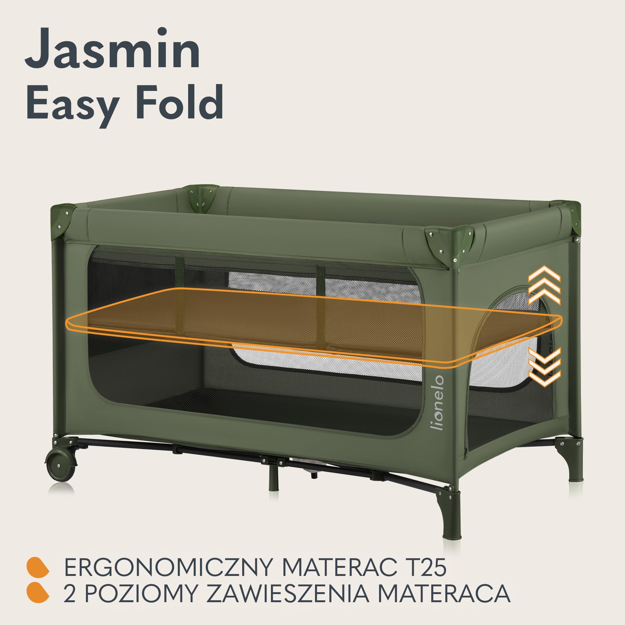 LIONELO Jasmin Easy Fold Łóżeczko Turystyczne Dziecięce do 15 kg od 0 do 36 miesięcy Piankowy Materac T25, 2 Poziomy Wysokości, Szybkie Składanie Easy Fold, Boczne Wejście, Kółka (Zielony)