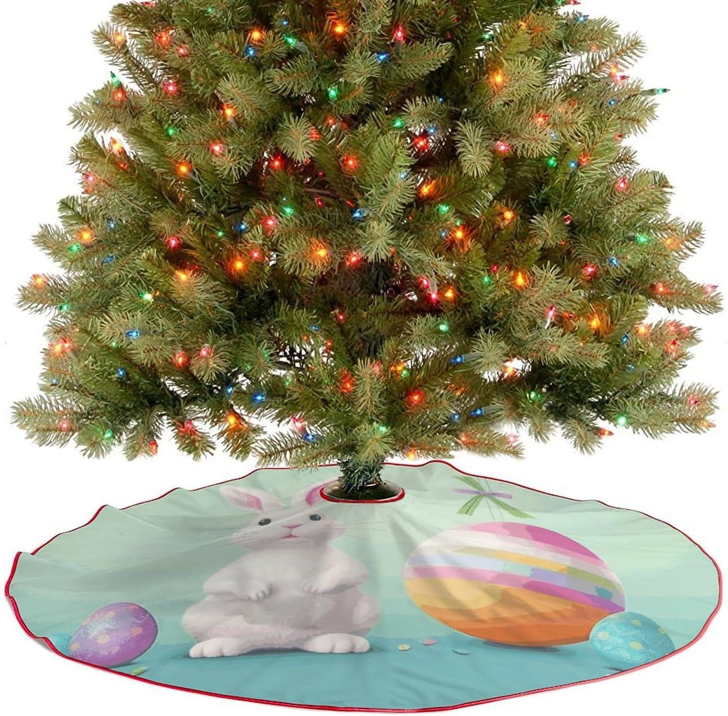 Christmas Tree Skirt,for Xmas Tree Holiday Party Decorations Happy Easter Egg Rabbit Printed Christmas Tree Mat Red Lace-up Christmas Tree Dress