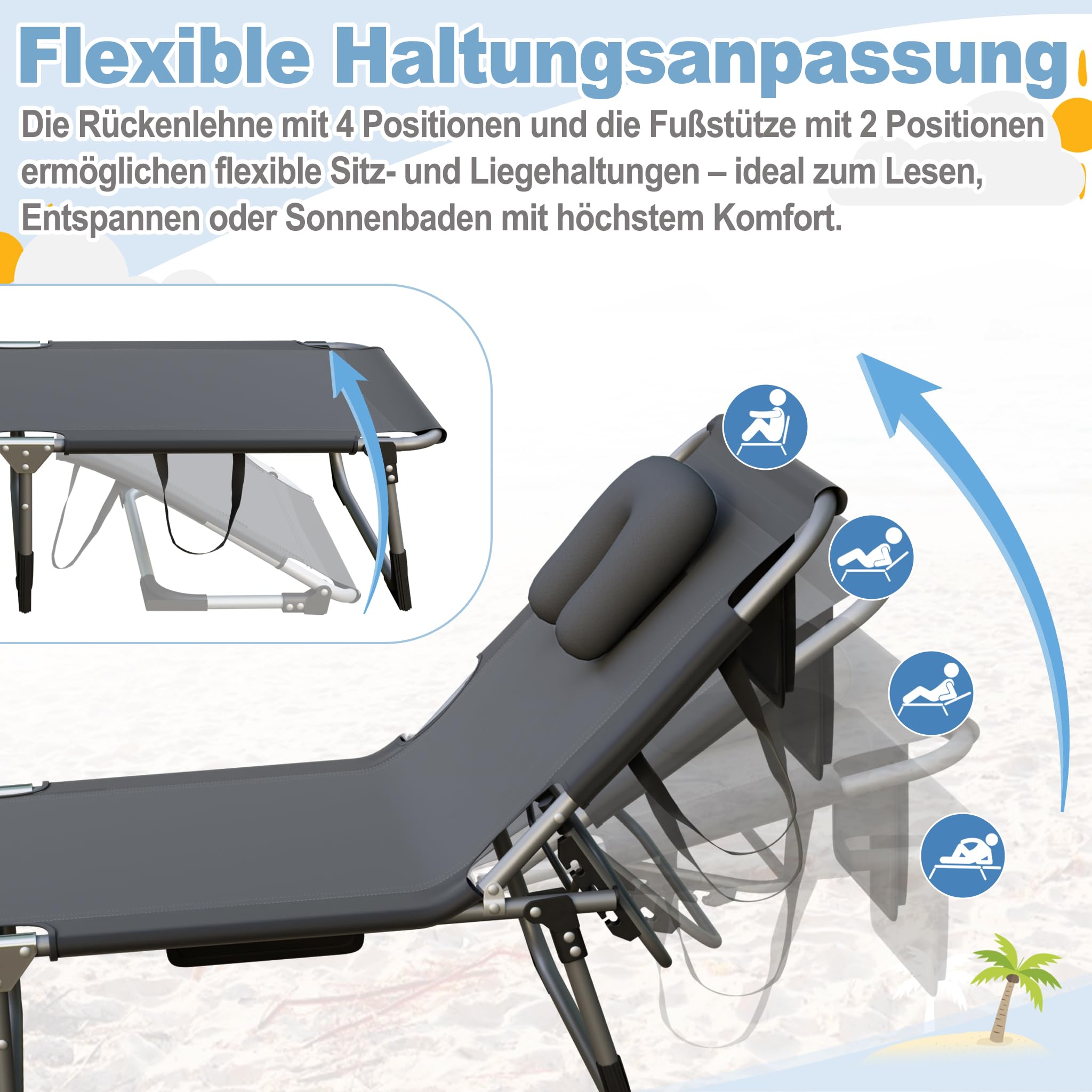 AufuN Sonnenliege Faltbare mit Gesichtsöffnung bis 160kg, 2pcs Strandliege mit Kopfkissen & Tragegriffe & Seitentasche, 3-Fach Verstellbare Liegefläche, Gartenliege für Strandurlaub,Dunkelgrau