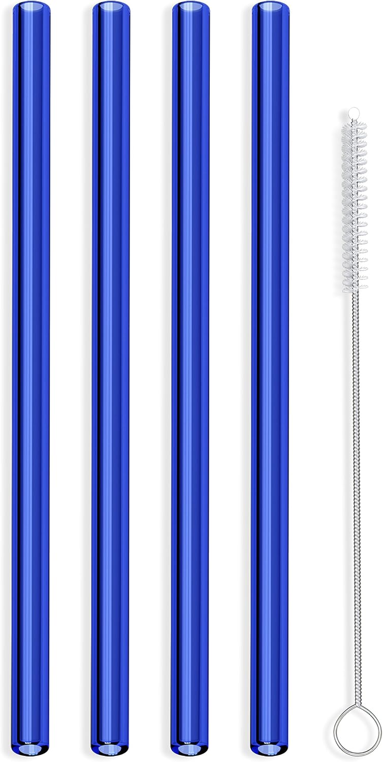 Hummingbird Glass Straws 9 inches x 9.5mm Reusable Straws (4 Pack of Blue)