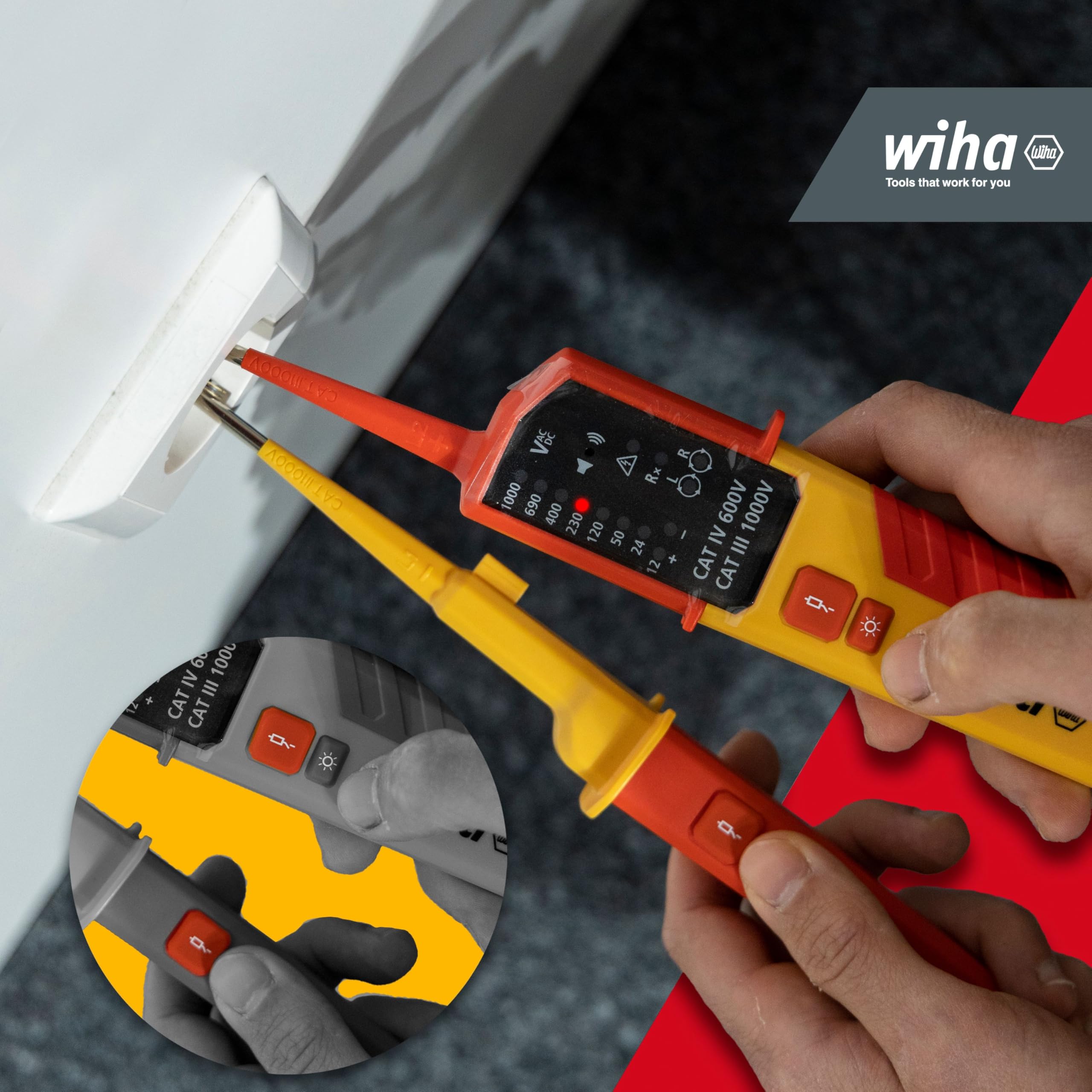 Wiha Testeur de tension et de continuité 12-1000 V Courant Alternatif CAT IV avec piles AAA affichage LED