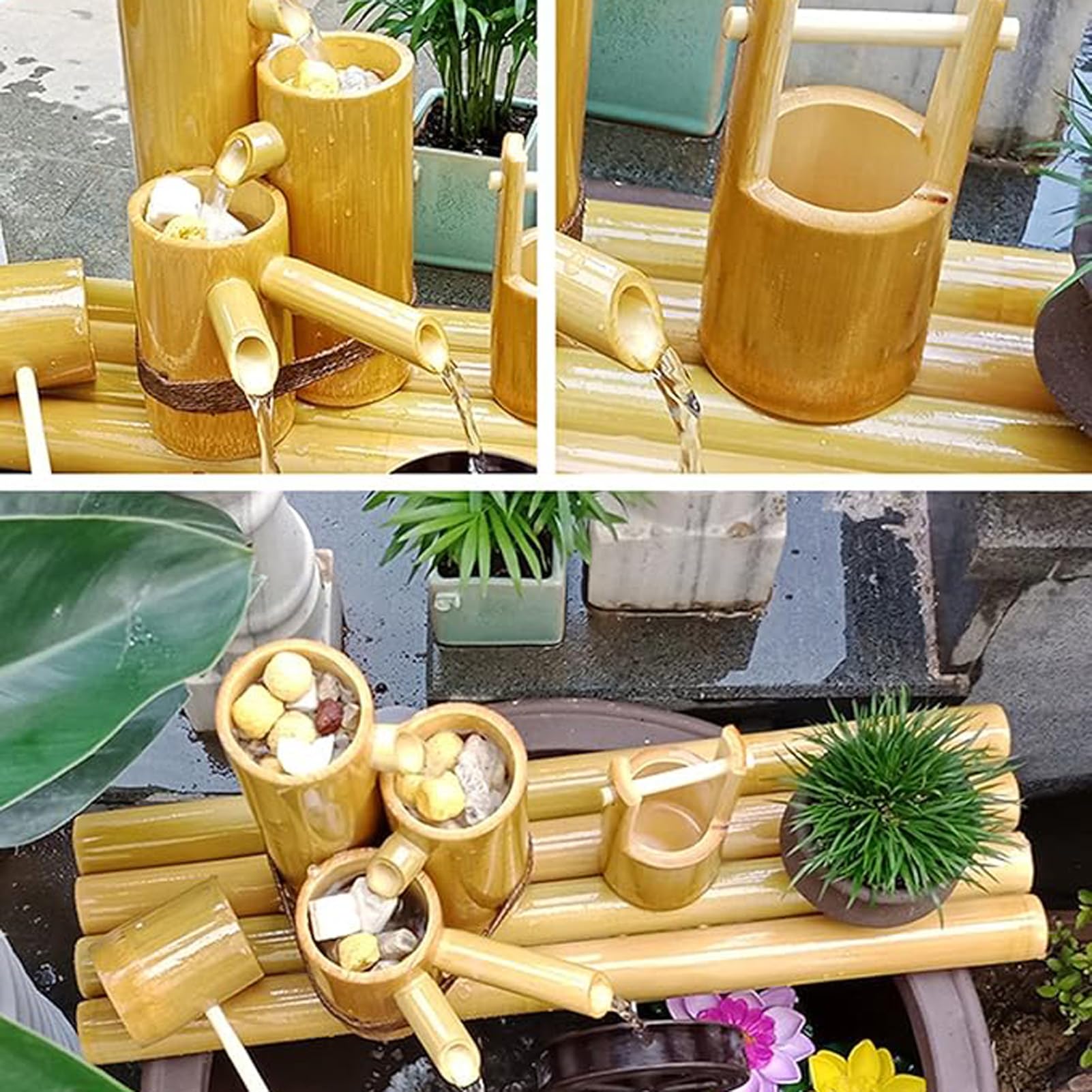 Fontaine d'eau en Bambou Naturel, Fontaine de Jardin Zen, Ornement d'eau en Circuit fermé pour Aquarium, décoration de Bassin, pour Bain d'oiseaux, étang, Cour, Jardin, 80 cm x 80