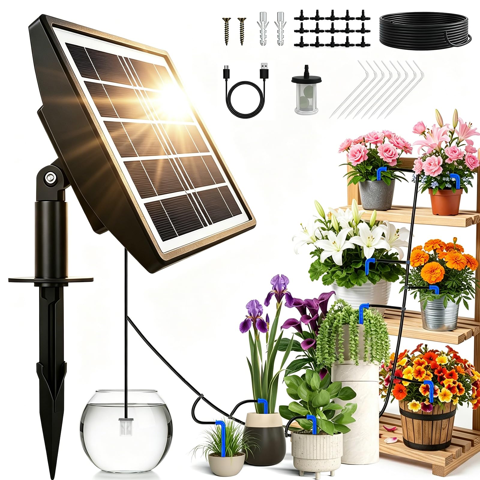 Solar Automatico Riego por Goteo, Sistema Automático de Riego Para Jardín con Manguera de 15 M, Para 15 Macetas, Alarma Automática, Ideal Para Regar Las Plantas, para Jardín, Balcón