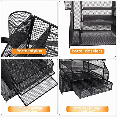 HMXLJJY Organizer da scrivania in rete con portadocumenti, organizer per lettere a 5 ripiani con portariviste, organizer da scrivania e portaoggetti per forniture per ufficio, casa o scuola, nero - 3
