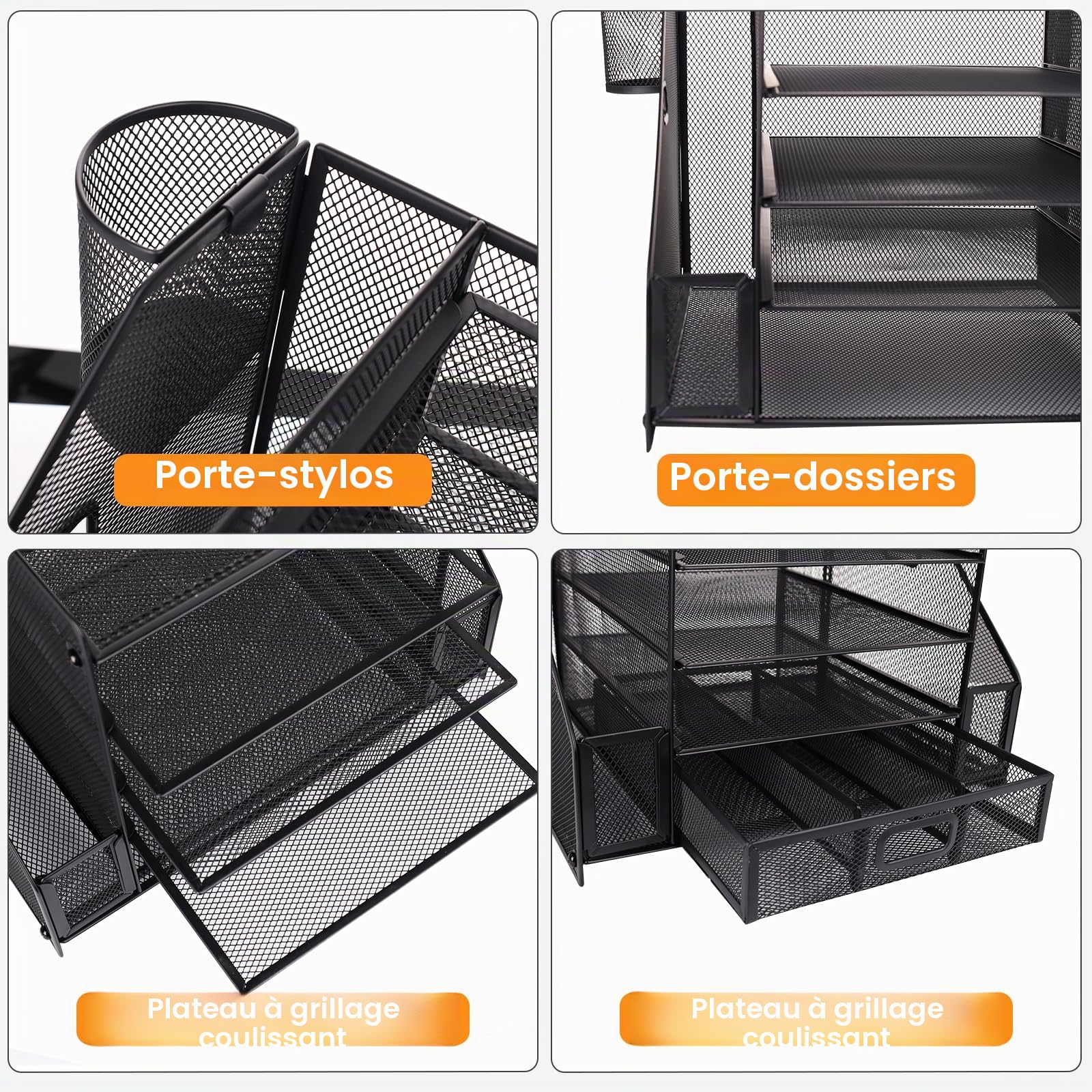 Organiseur de bureau en maille avec porte-fichiers, bac à courrier à 5 niveaux avec porte-magazines, organiseur de bureau et rangement pour fournitures de bureau, maison ou école, noir