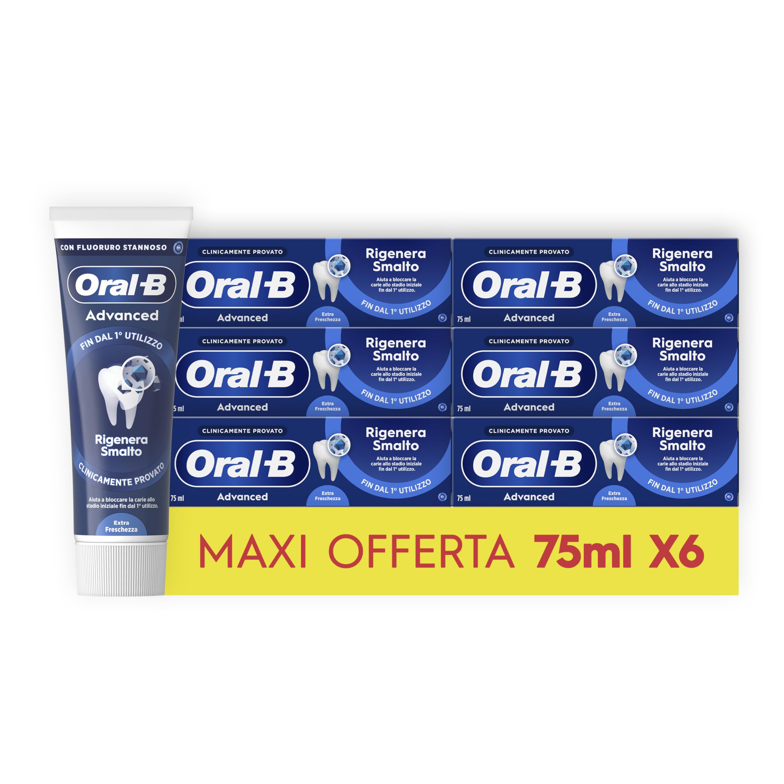 Oral-B Dentifricio Advanced Rigenera Smalto 6x75ml, Dentifricio Formato Convenienza, Clinicamente Provato, Pulizia Denti Efficace, Alito Fresco, Extra Freschezza Sapore Eucalipto