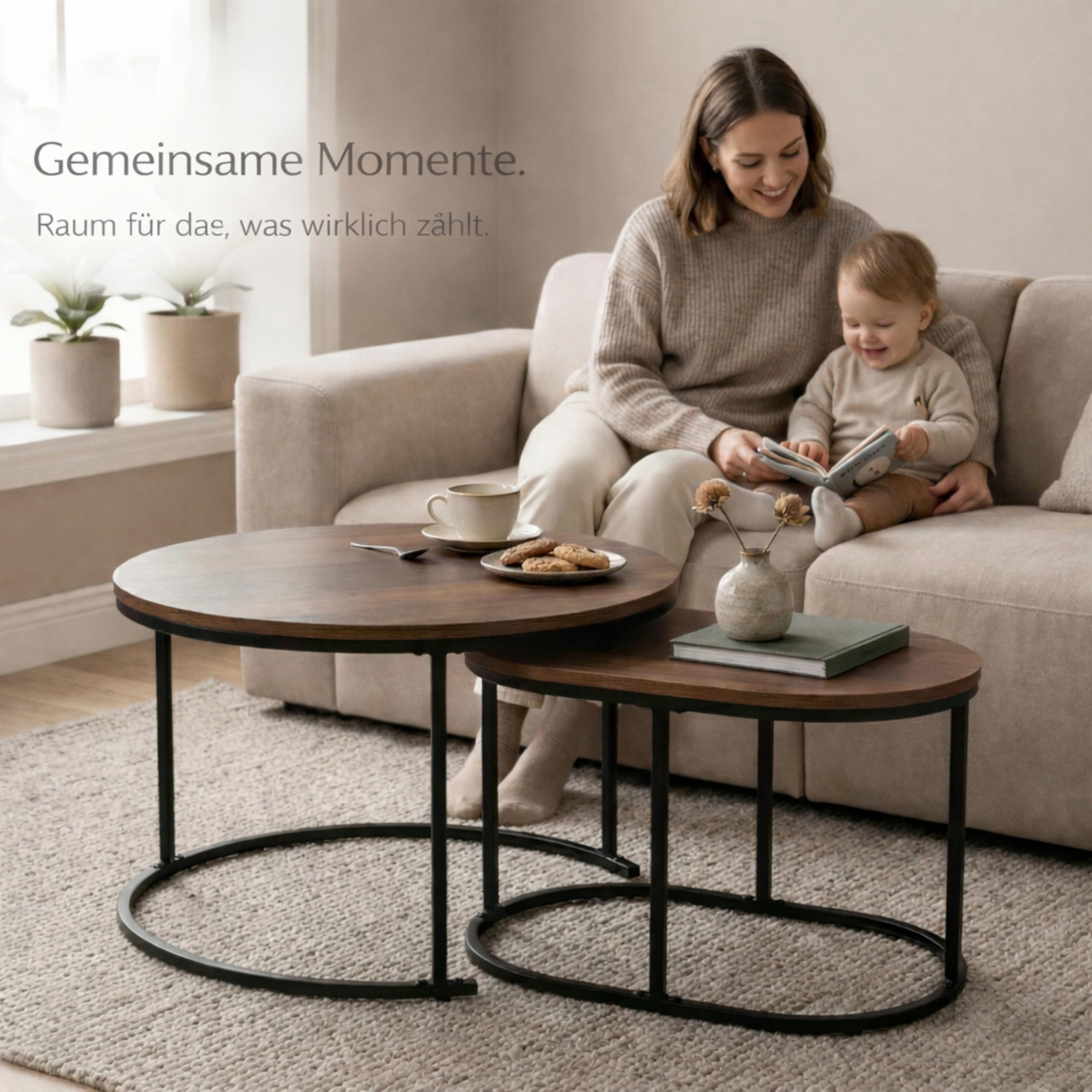 Couchtisch Rund & Oval, 2er Set Satztisch Holzoptik, Schwarz | Platzsparendes Satztisch Set für Wohnzimmer, modernes Nesting Design, stabiles Metallgestell