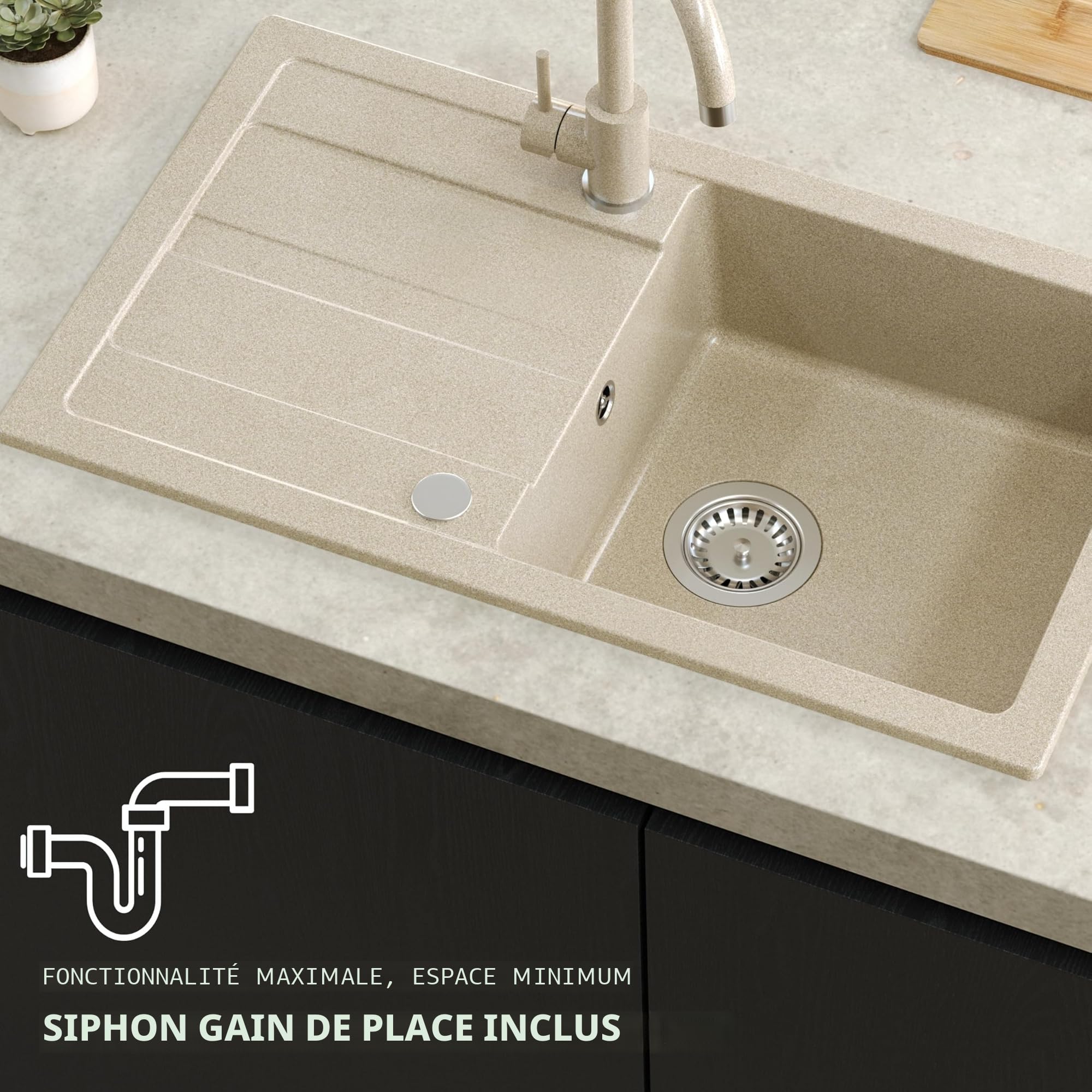 QUADRON Evier granit | Taille 77 x 44 x 17,6 cm Très Noir | GO MAX cuisine