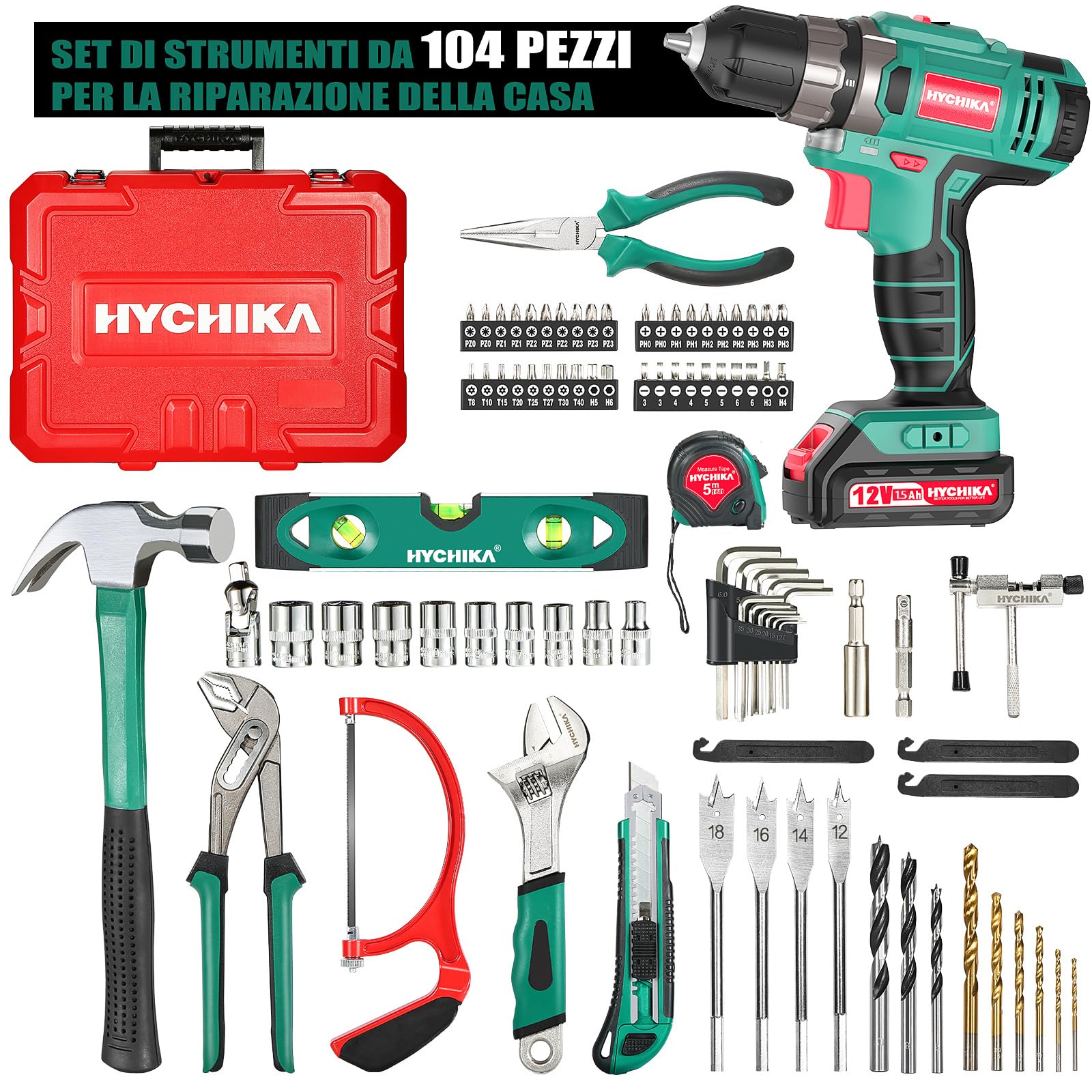 Trapano Avvitatore Batteria 12V, HYCHIKA 104pcs Avvitatore a Batteria Cassetta Attrezzi fai da te, 1,5Ah Avvitatore Elettrico, 2 Velocità 30N.m Mas, Carica rapida 1 ora, kit Attrezzi Completa