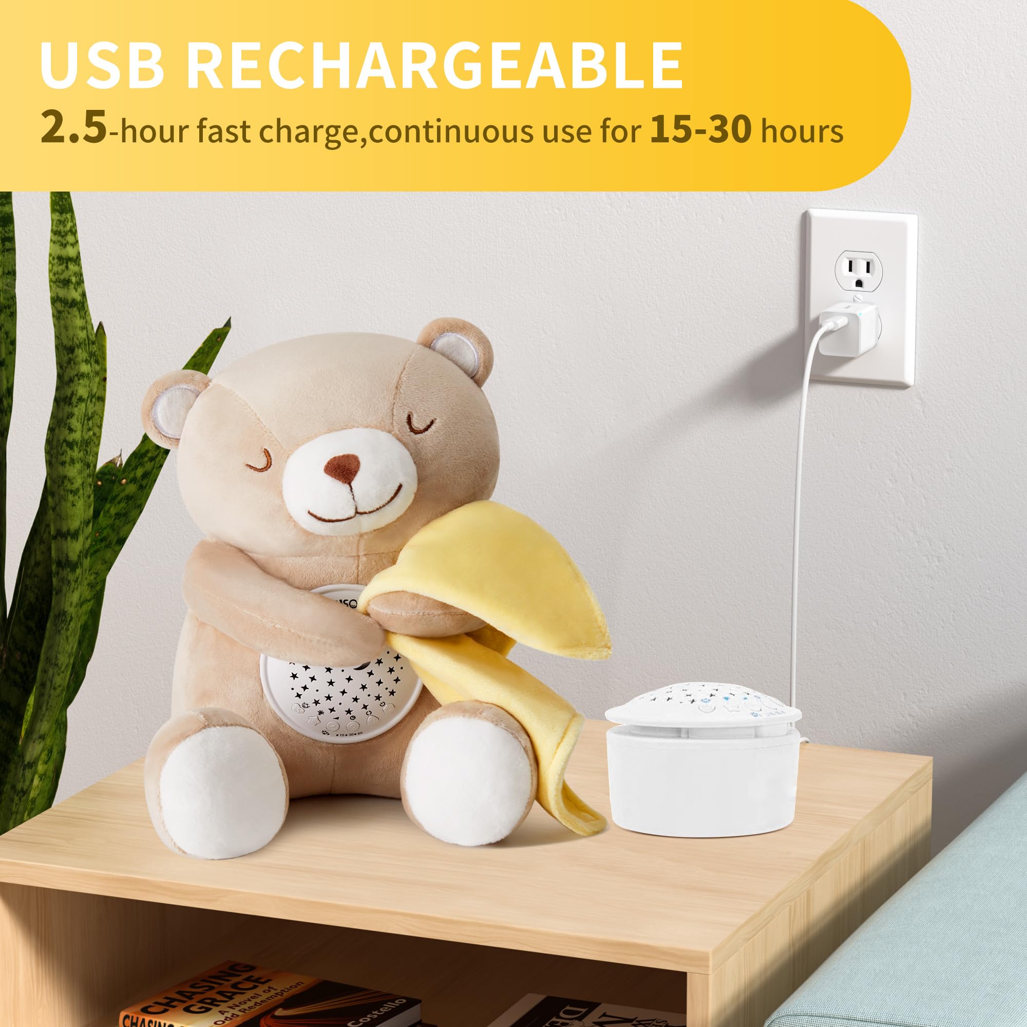 APUNOL Carillon Neonati, Peluche per Nanna, Luce Notturna Bambini Ricaricabile USB Regalo Neonate Giocattolo Teddy con Sensore di Pianto, Proiettore Stele e Rumori Bianchi