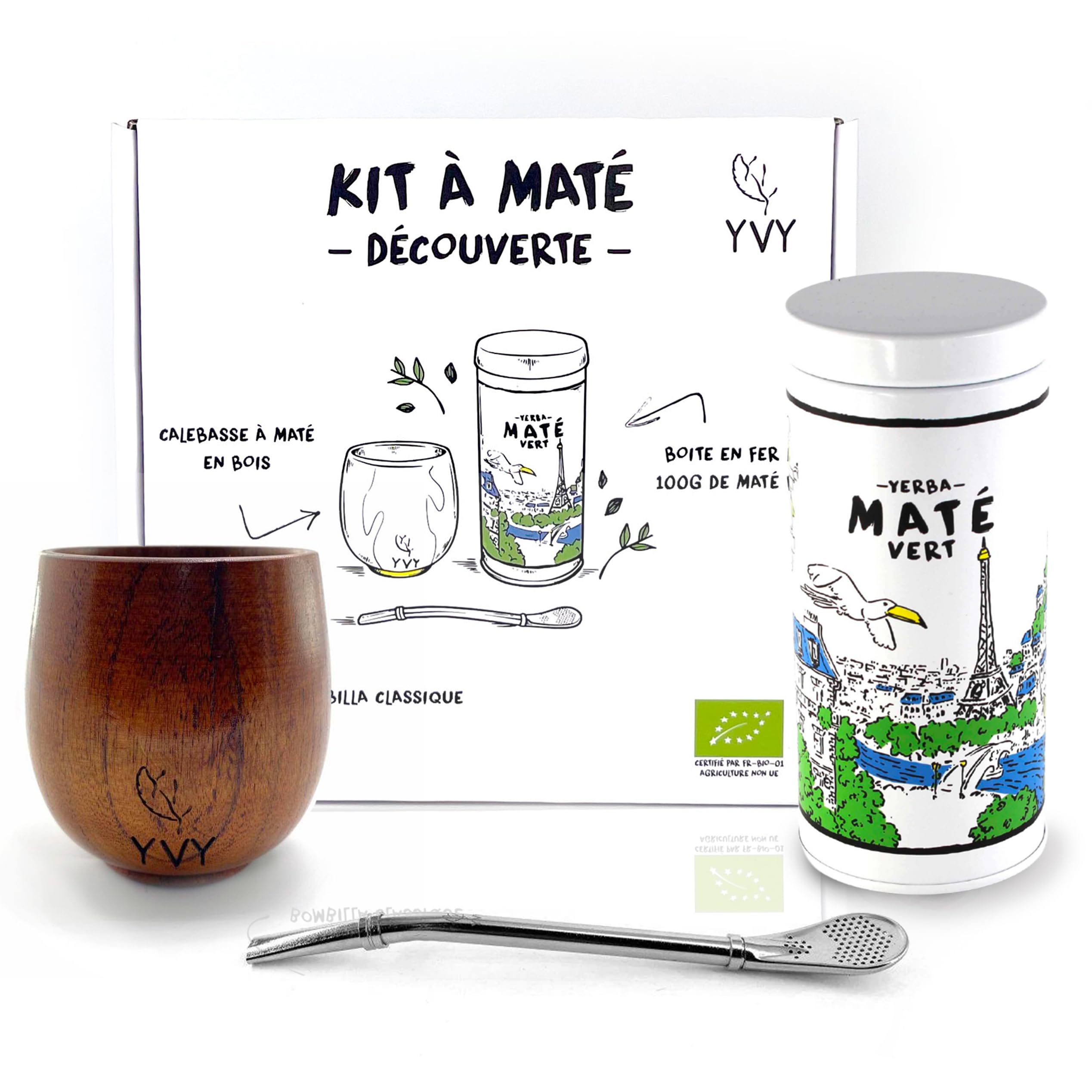 YVY MATÉ Komplettes Set | Kalebasse aus Holz, Bombilla und Dose aus Eisen, matt, grün, Bio Grand Cru 100 g | Box für Anfänger oder Geschenk | originelles Geschenk