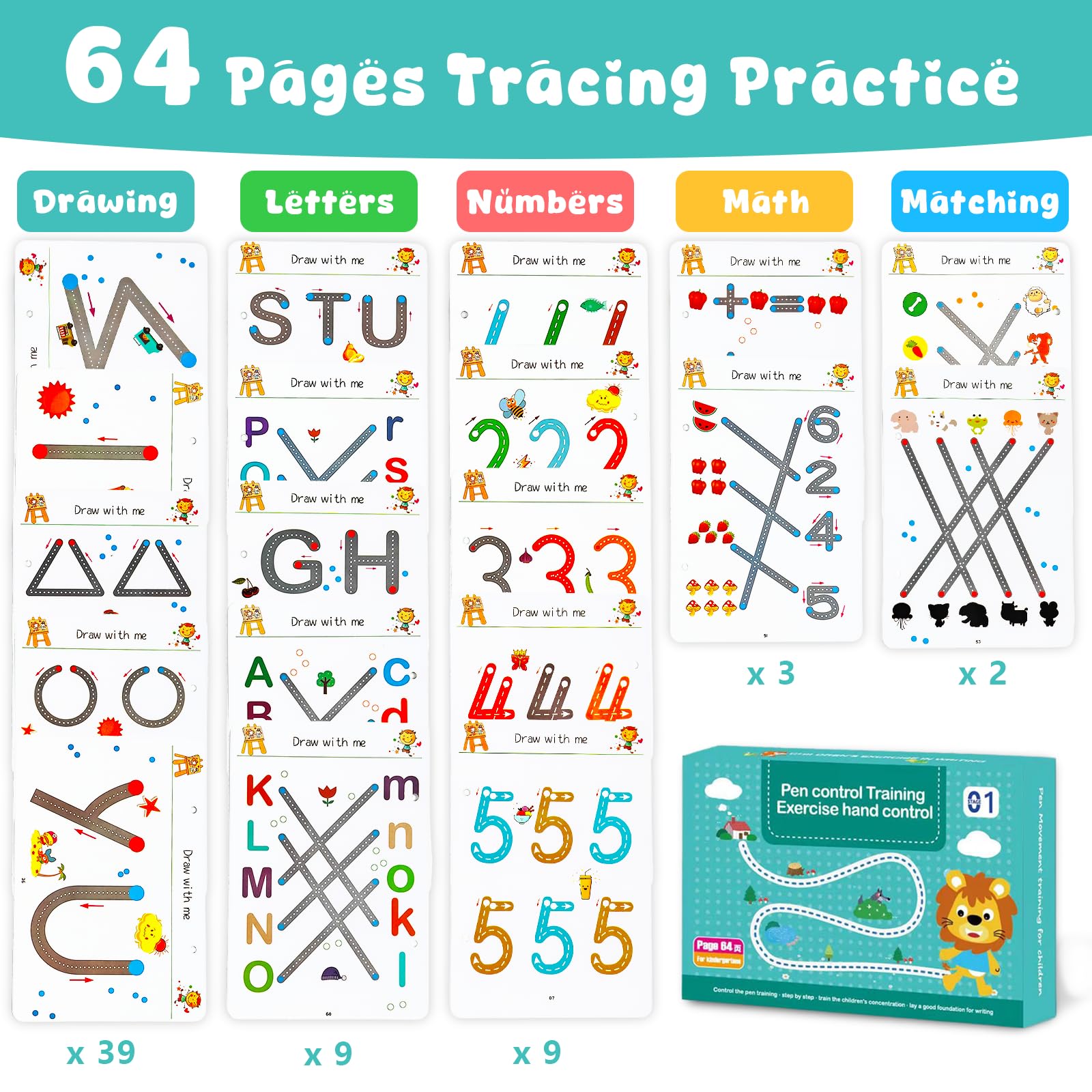 Scribble Smart Workbook Libro per Imparare a Scrivere Cancellabile Pregrafismo Riutilizzabile Prescolare Attività Bambini 3-6 Livello 1+4